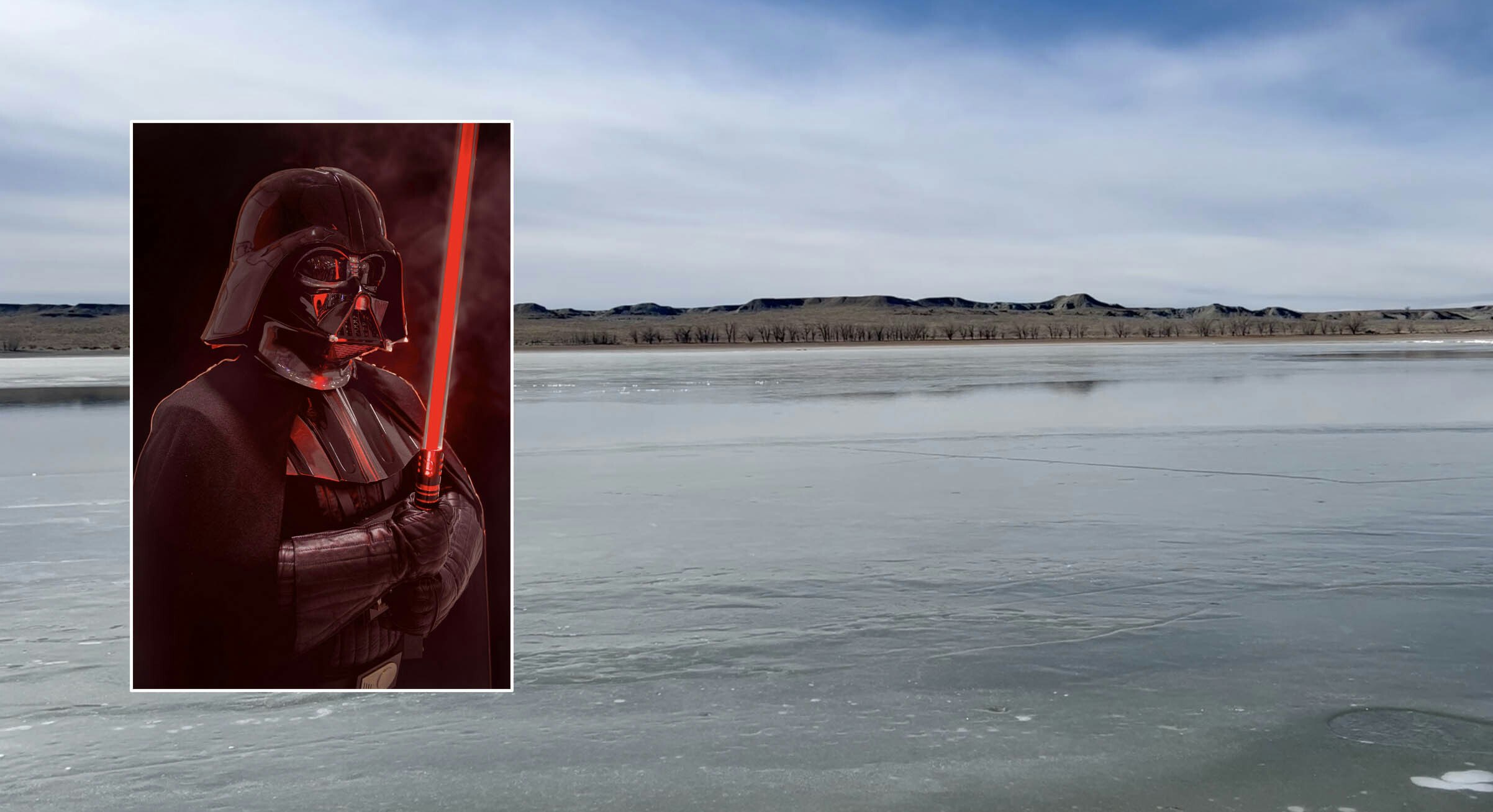 Boysen Reservoir in Fremont County, Wyoming, on Sunday Feb 15, 2026. Inset: Person in Darth Vader costume