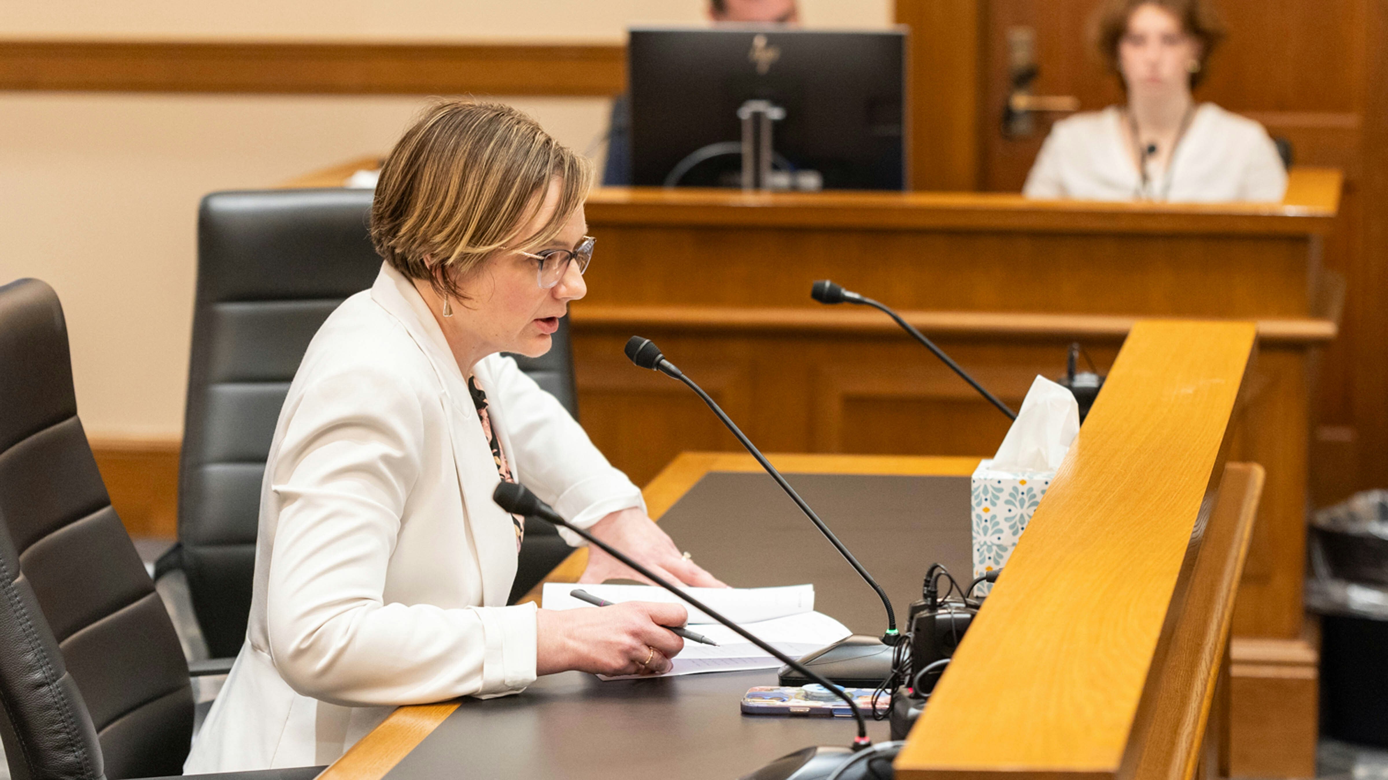 Senator Evie Brennan testifying at the Senate Labor Committee Meeting on Bill SF0057 - Transparency in hospital service pricing.