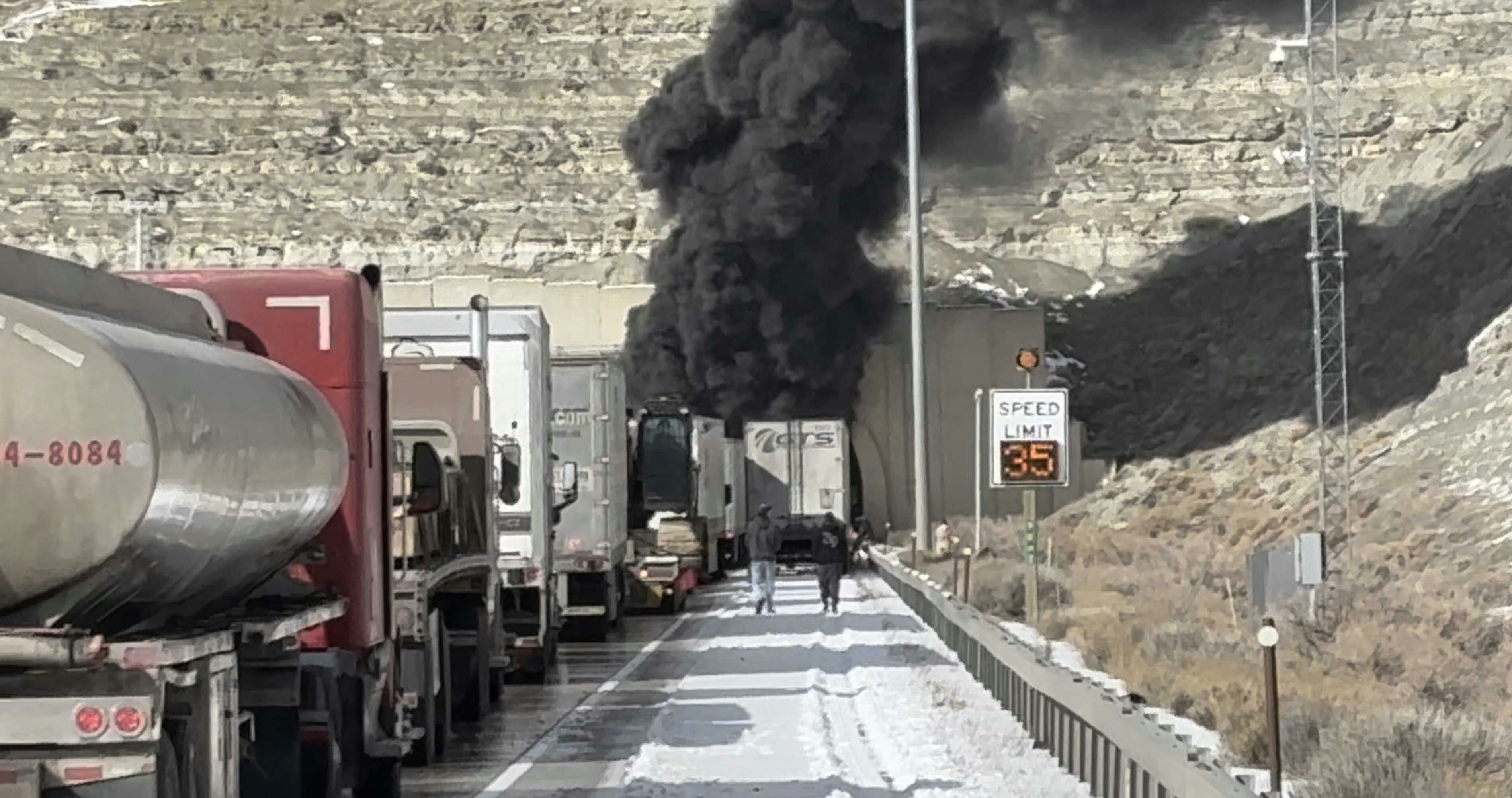 Smoke pouring out of the westbound Green River Tunnel on I-80 on Friday, Feb. 14, 2025.