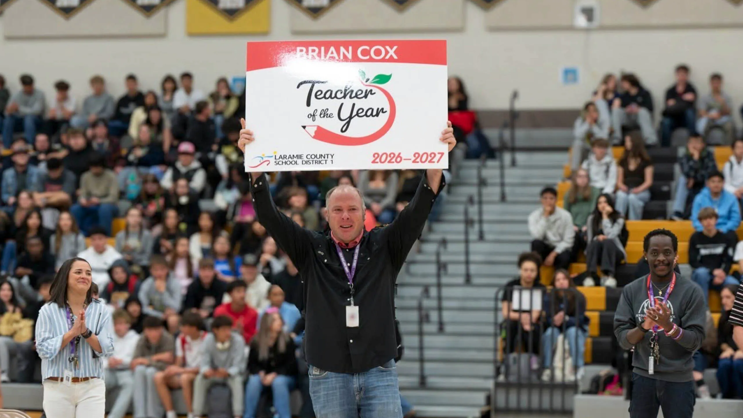 Brian Cox winning Larmie County School District 1's 2027 teacher of the year award in April. He went on to win the statewide title Oct 11 out of 48 teachers.