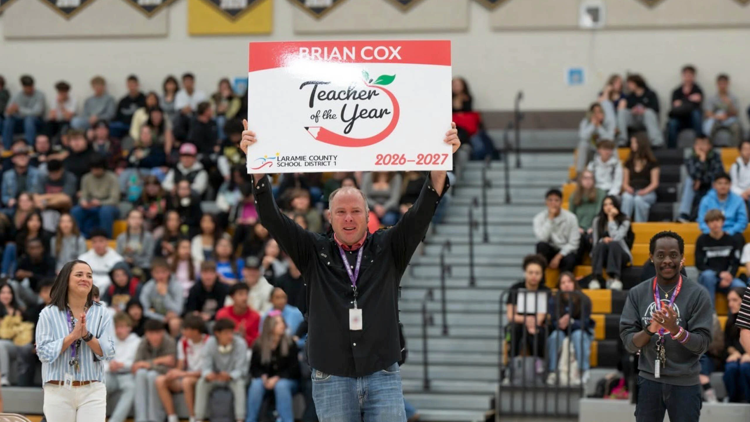 Brian Cox winning Larmie County School District 1's 2027 teacher of the year award in April. He went on to win the statewide title Oct 11 out of 48 teachers.