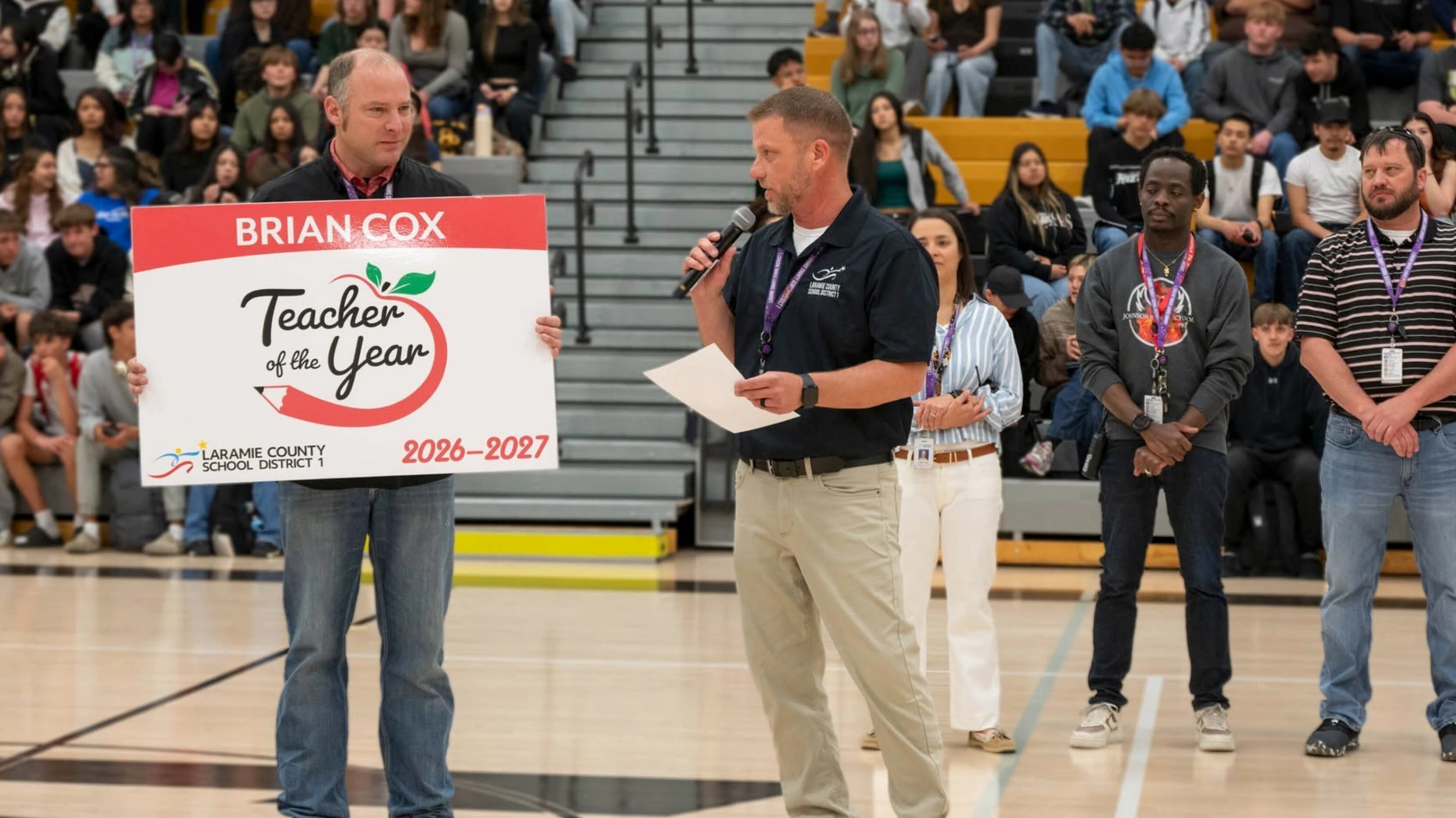 Brian Cox winning Larmie County School District 1's 2027 teacher of the year award in April. He went on to win the statewide title Oct 11 out of 48 teachers.