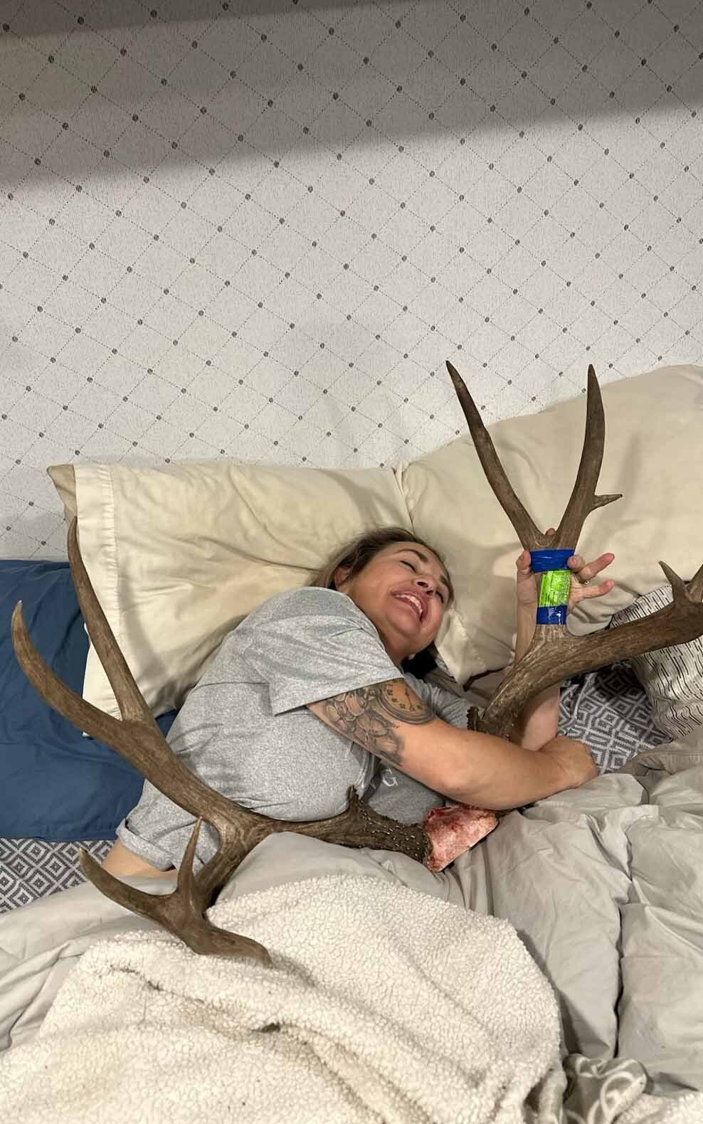 Lori Dickinson was determined to keep the antlers from her gigantic Wyoming mule deer buck safe from being chewed up by dogs or wild critters.