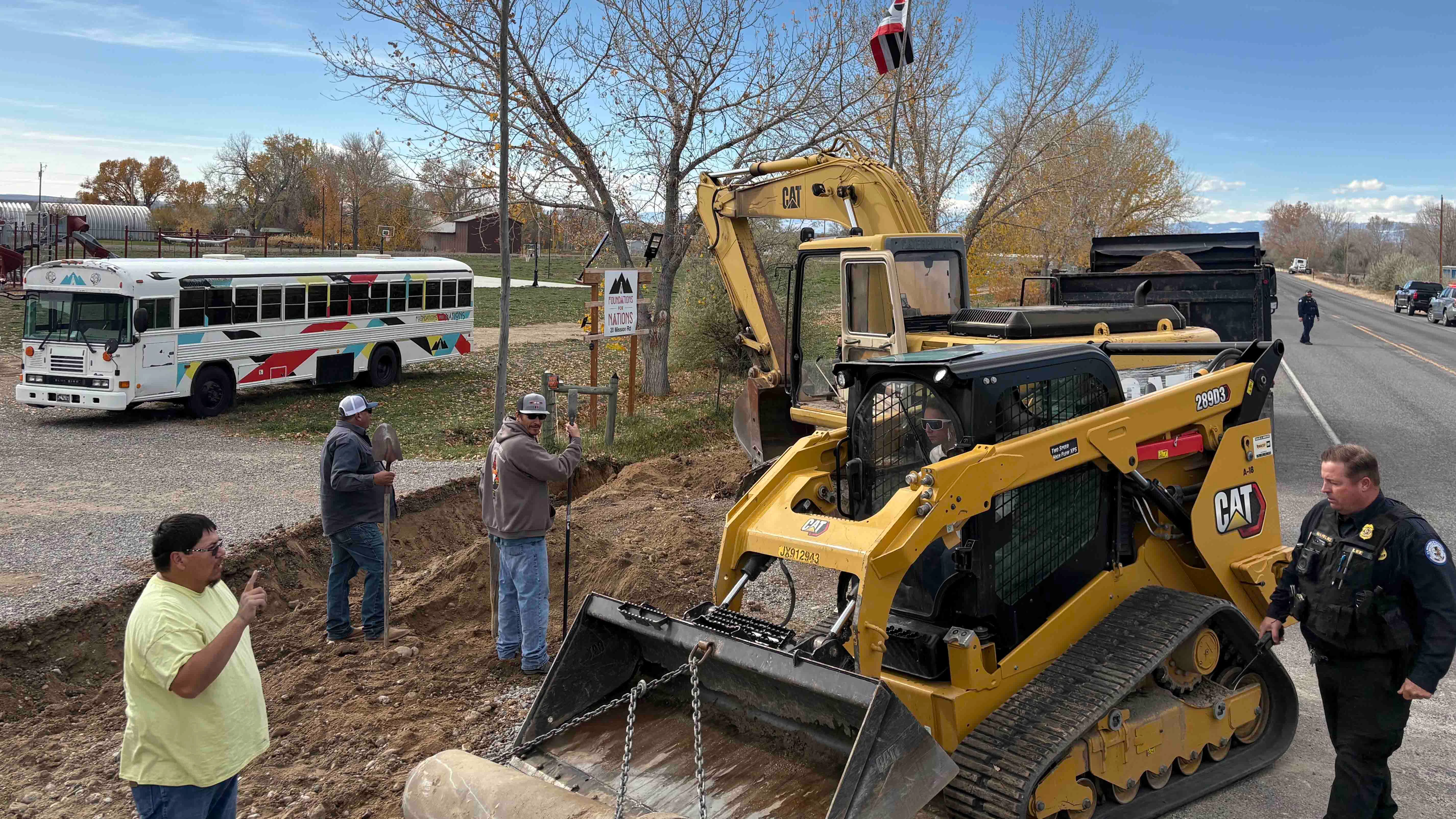 Northern Arapaho tribal leaders oversaw a heavy-equipment operation Thursday to remove a driveway entrance to the Foundations for Nations evangelical church, then plant tribal flags where the entrance had been.