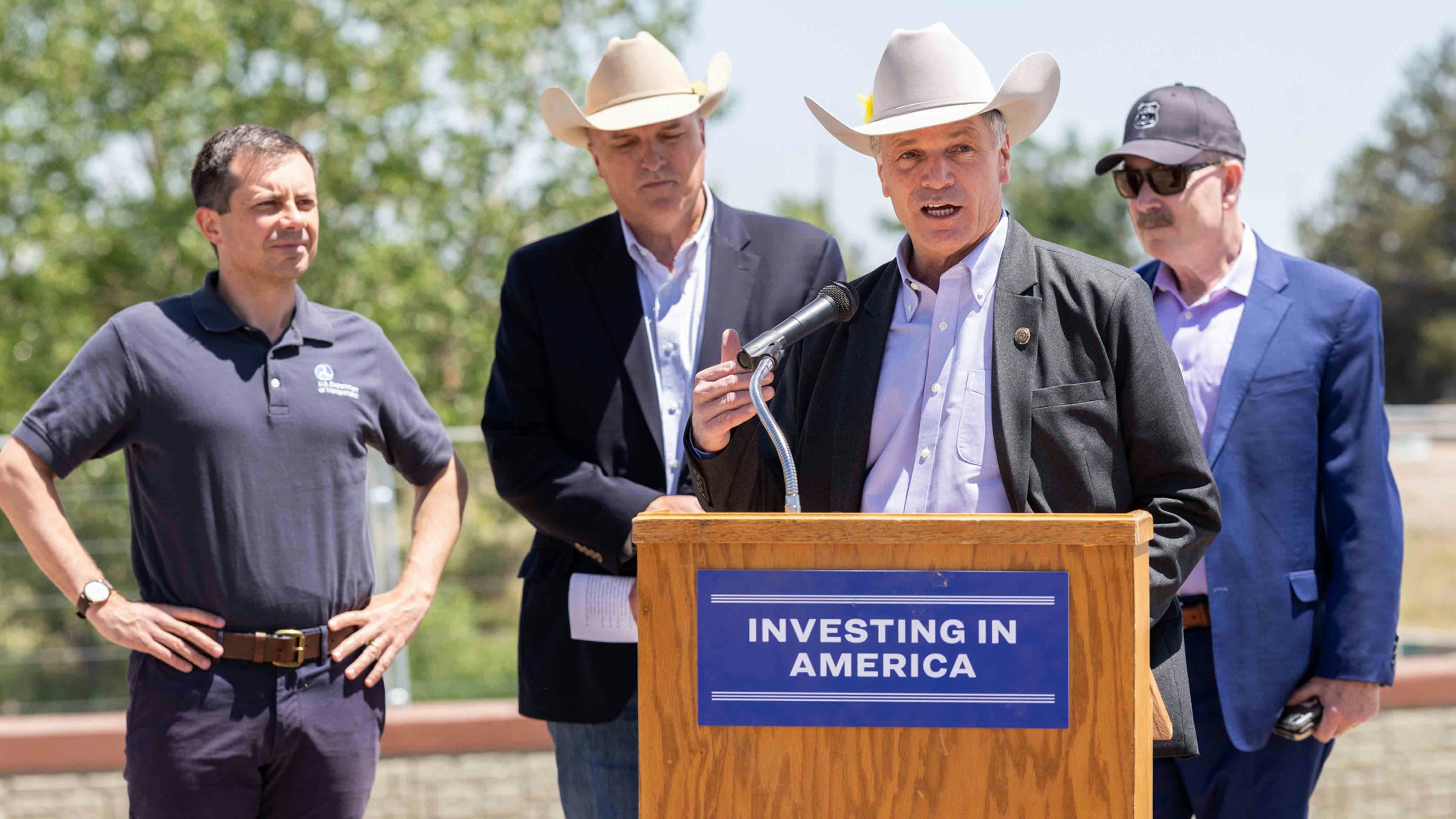 Wyoming Gov Mark Gordon speaks at President Biden’s Investing in America event with Secretary of Transportation Pete Buttigieg in Cheyenne on June 17, 2024