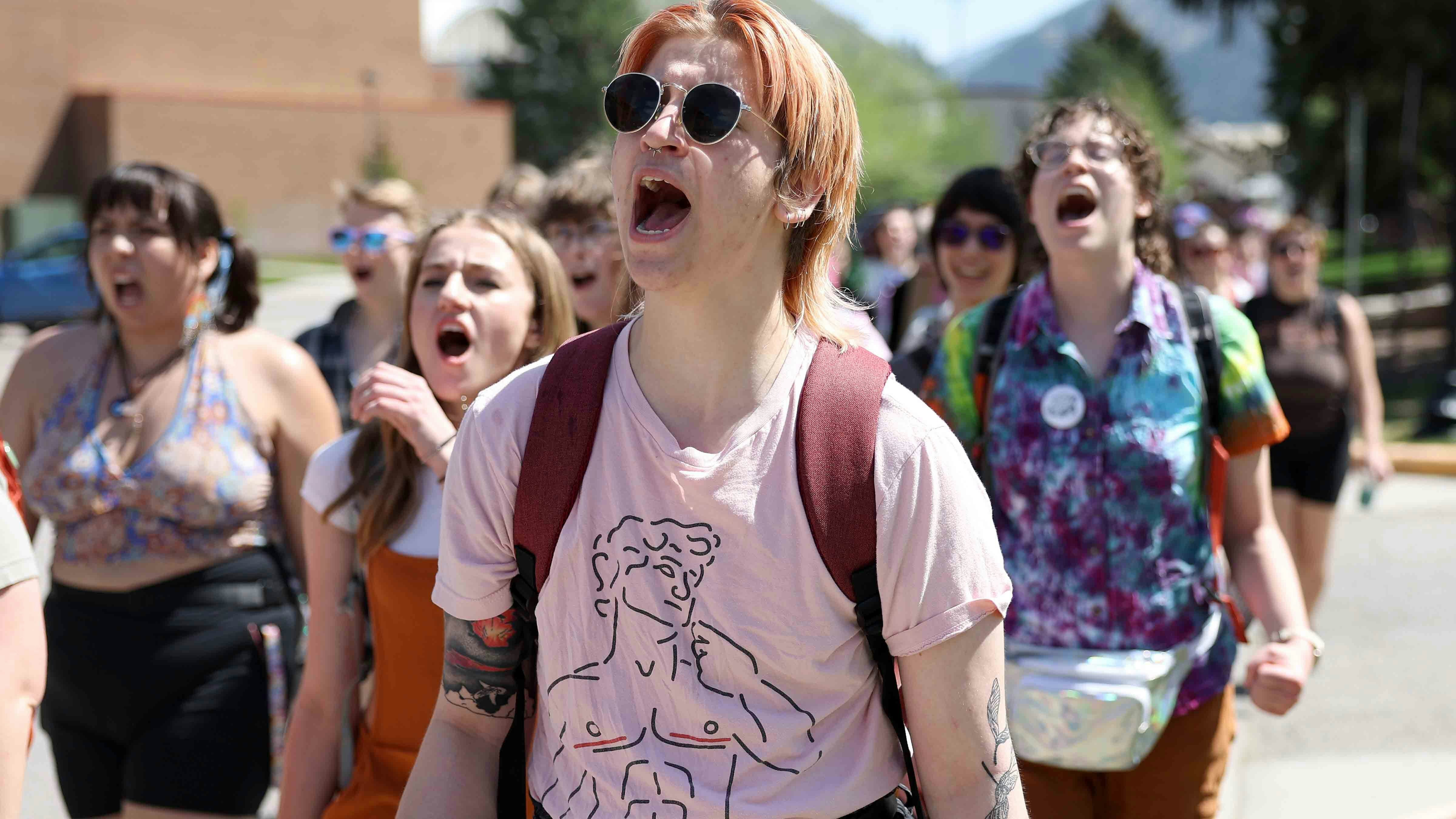 Transgender rights activists march through the University of Montana campus on May 03, 2023 in Missoula, Montana.