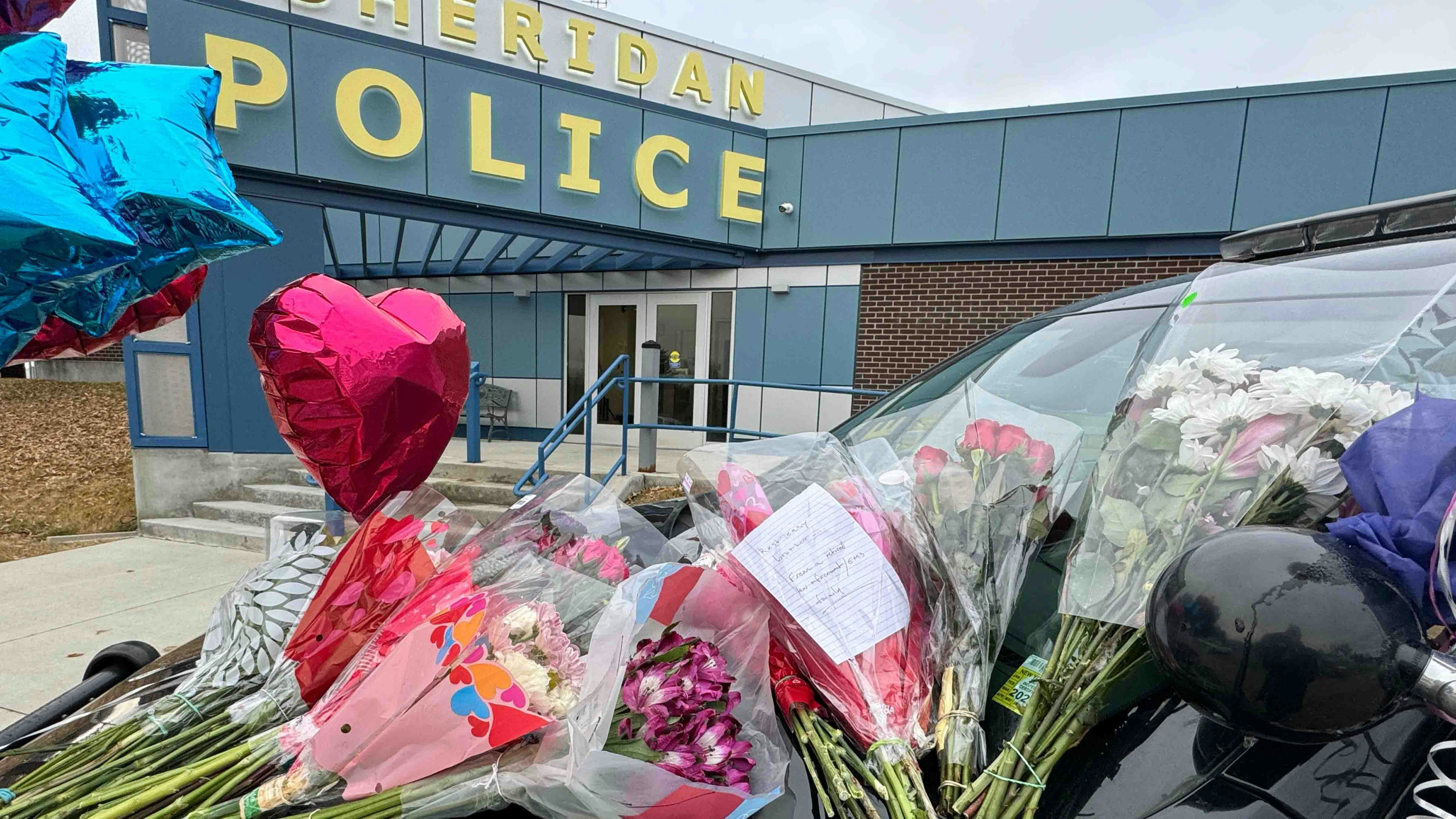 Memorial for Sheridan Police Sgt. Nevada Krinkee at the Sheridan Police Station on Feb 14, 2024