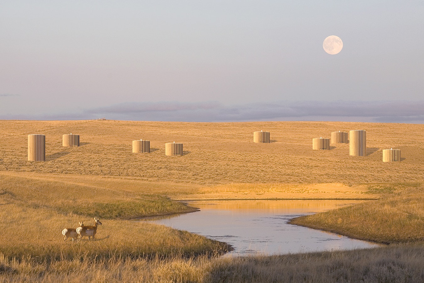 An illustration of what an "orchard" of silos to pull carbon dioxide out of the air and sequester it underground in central Wyoming could look like.