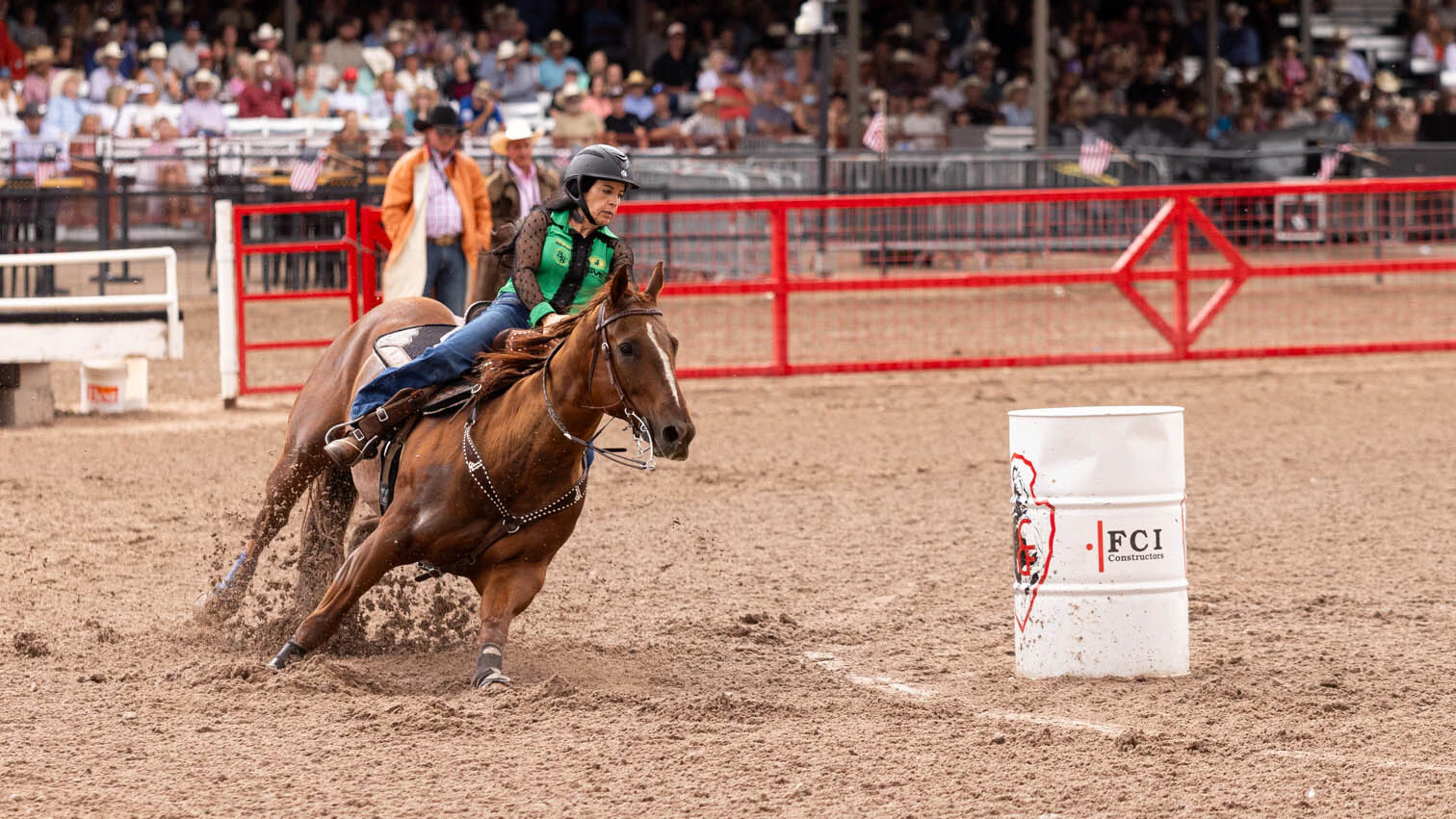 Anita Ellis from Blackfoot, ID, in the barrel racing during the Cheyenne Frontier Days Rodeo on Thursday, July 23.