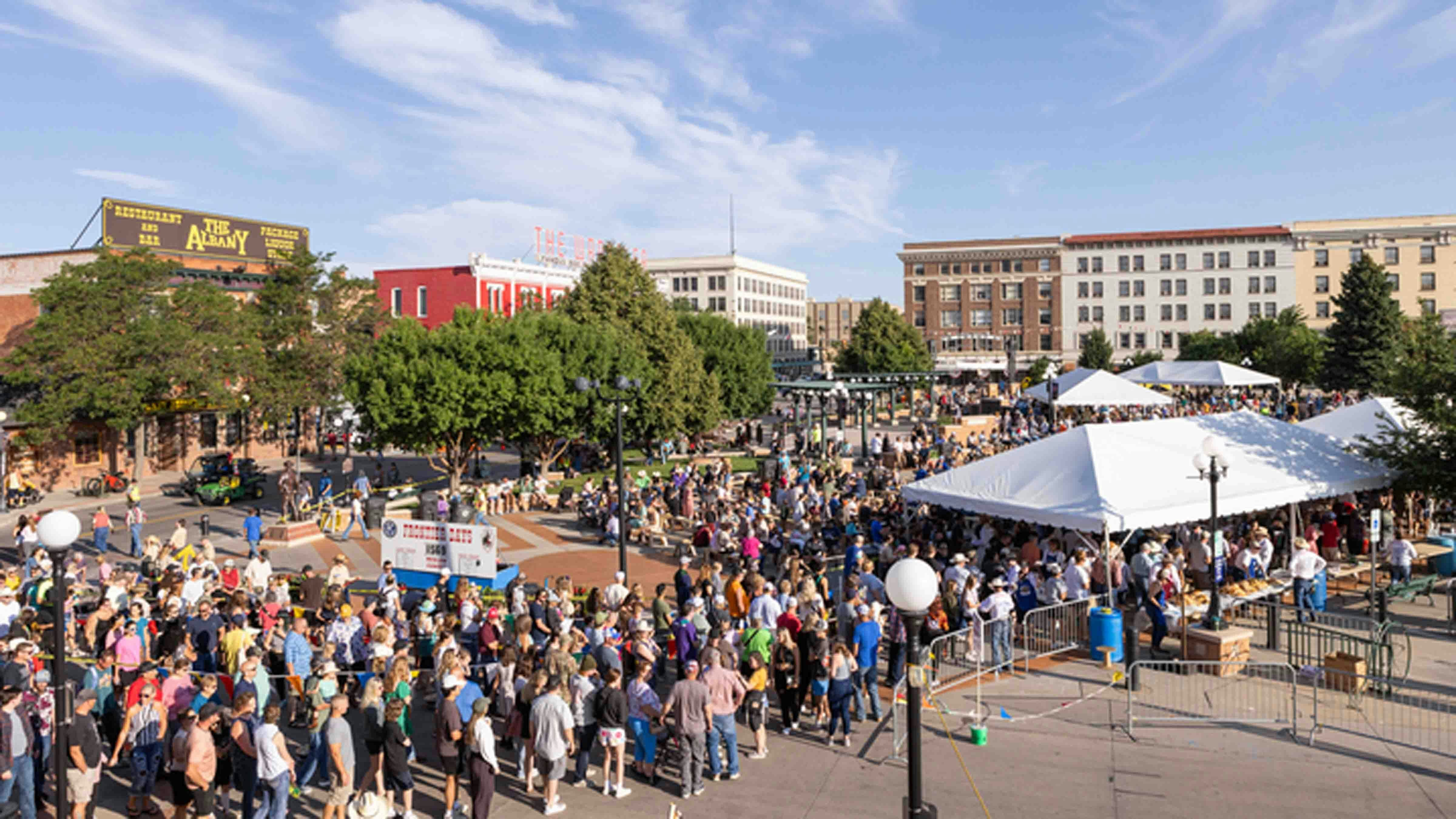 Crowds line up for the Cheyenne Frontier Days Free Pancake Breakfast in downtown Cheyenne, Wyoming on July 26, 2024.