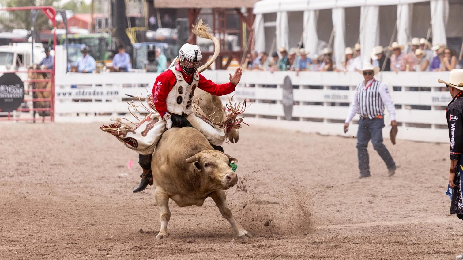 Hayden Welsh from Gillette, WY rides his bull for a score of 89 points to tie for first place at Cheyenne Frontier Days on Sunday, July 19, 2026.