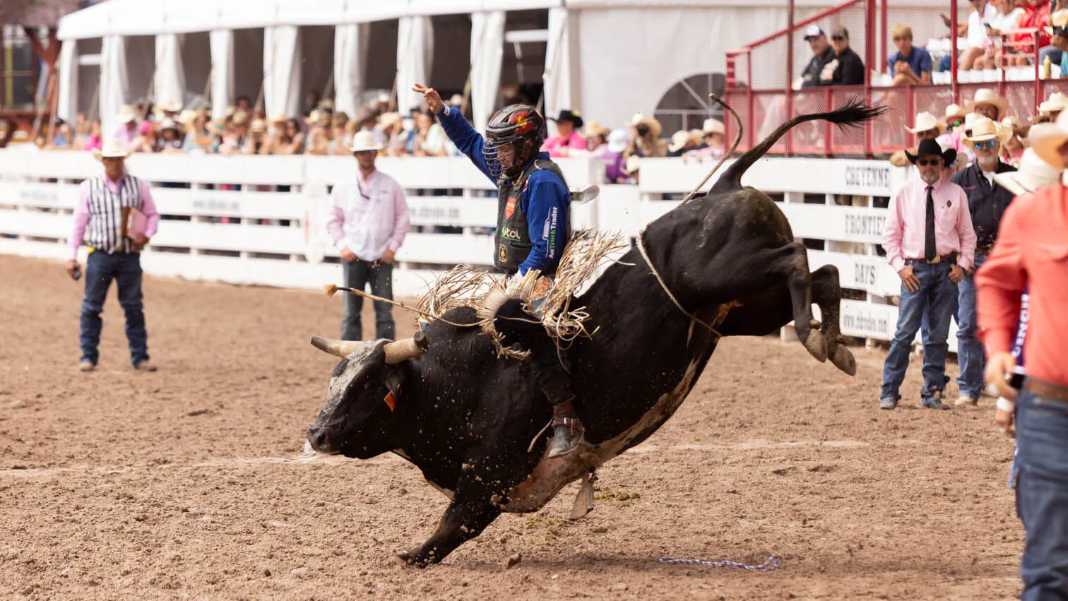Clayton Sellars from Fruitlandpark, FL in the bull riding at the rodeo at Cheyenne Frontier Days on Thursday, July 23.