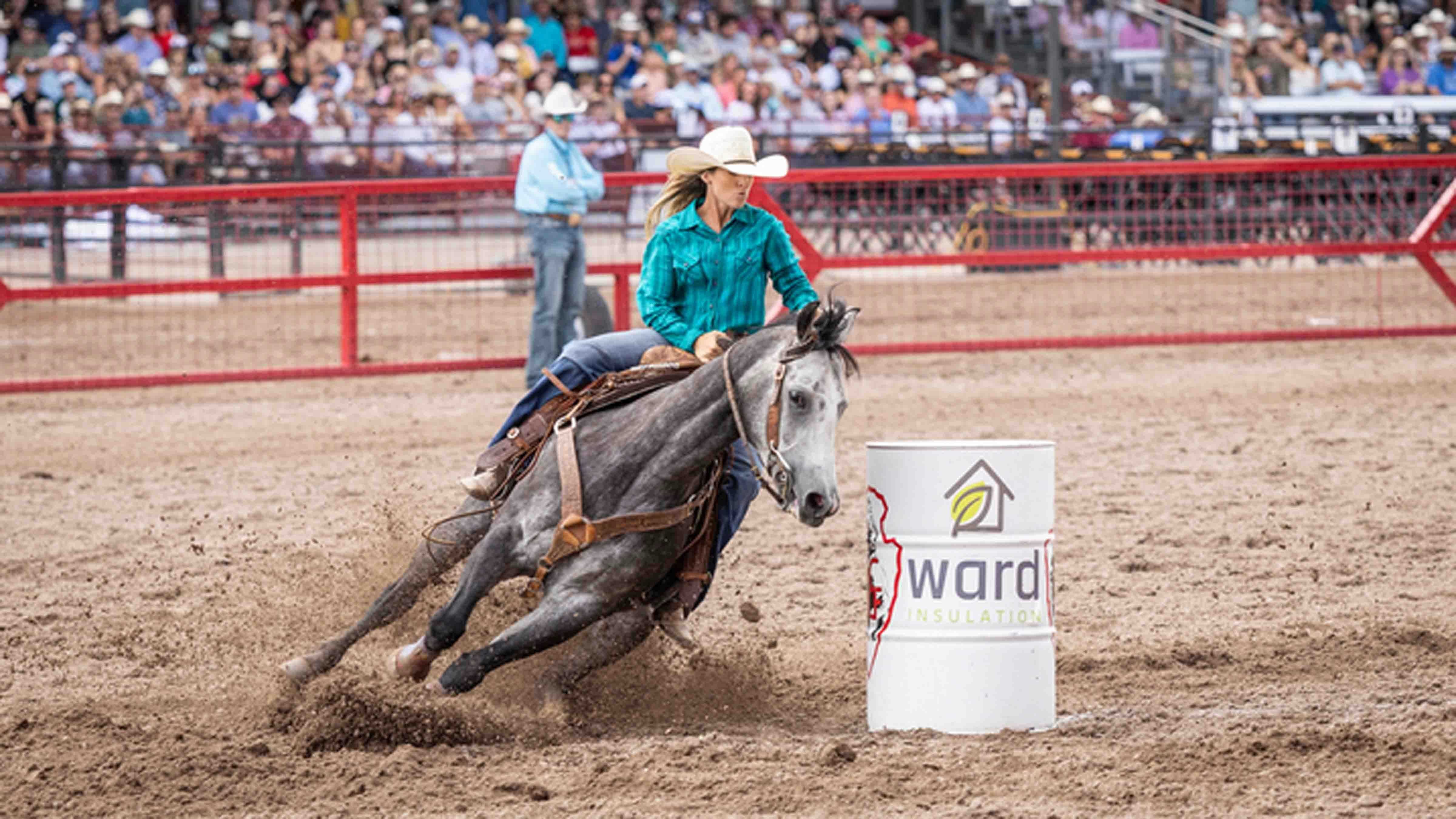 Karson Bradley from Big Piney, WY barrel races at Cheyenne Frontier Days on July 27, 2024.