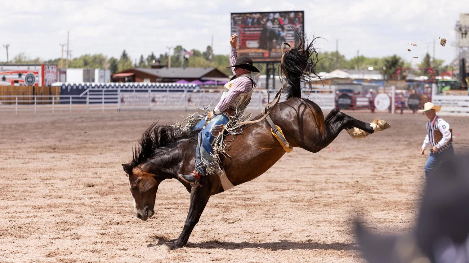 Roedy Farrell from Thermopolis, WY rides his horse in the bareback riding at Cheyenne Frontier Days on Sunday, July 19, 2026.
