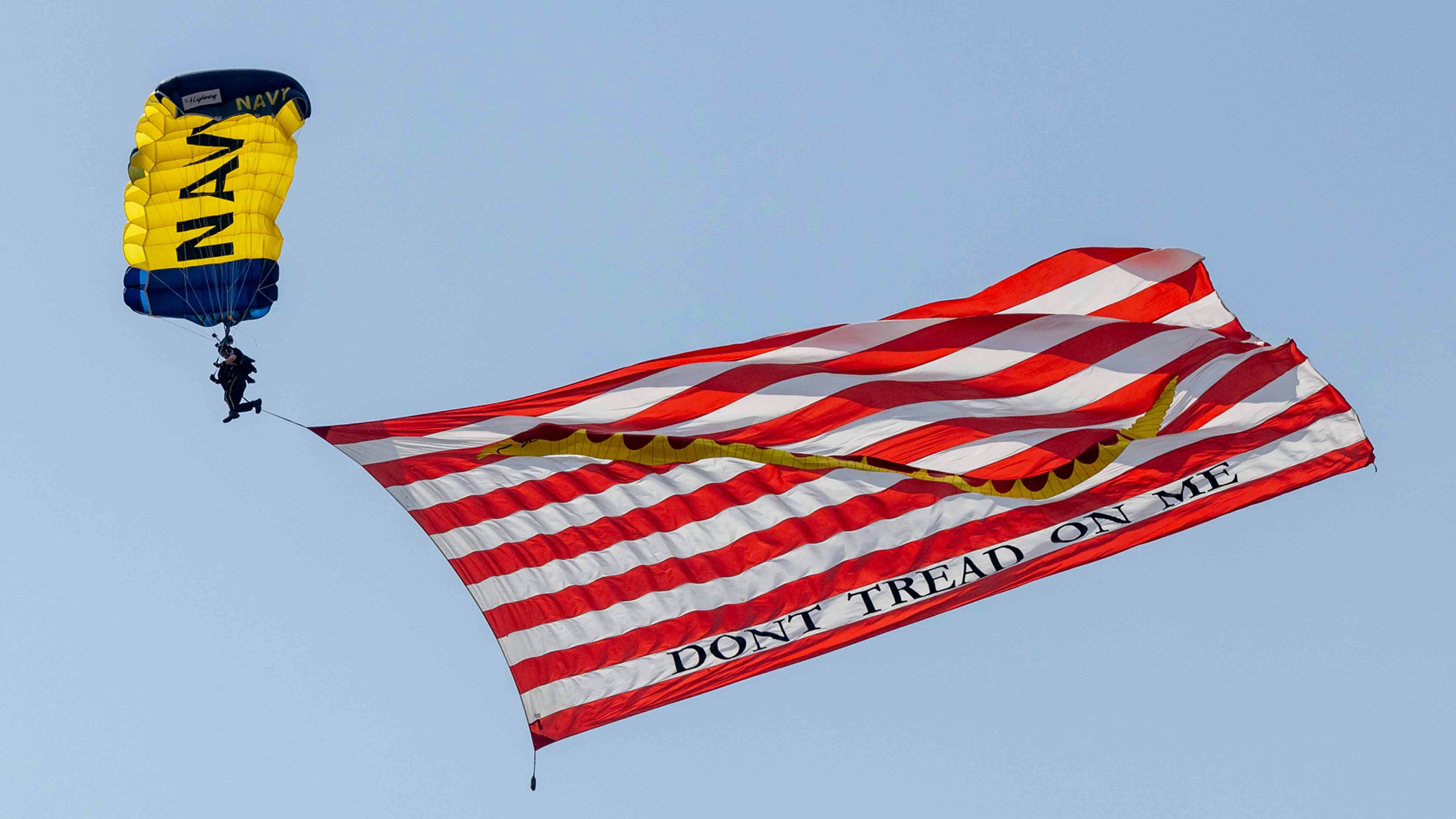 A Navy Leap Frog parachutes into the arena on July 22, 2024 at Cheyenne Frontier Days.