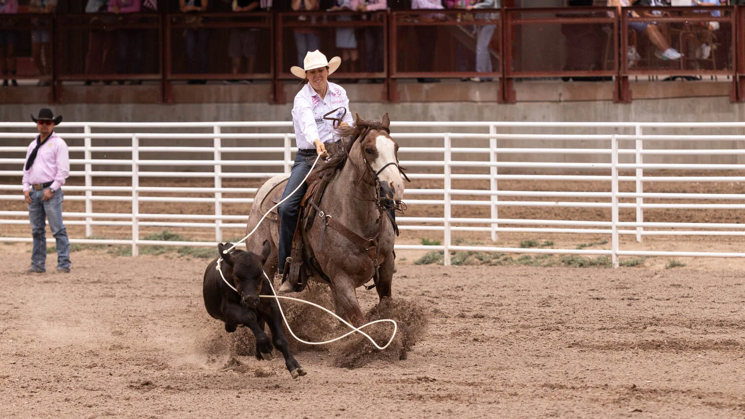 Jenna Dallyn from Nanton, AB ropes her calf in 4.6 seconds to win the breakaway at the rodeo at Cheyenne Frontier Days on Thursday, July 23.