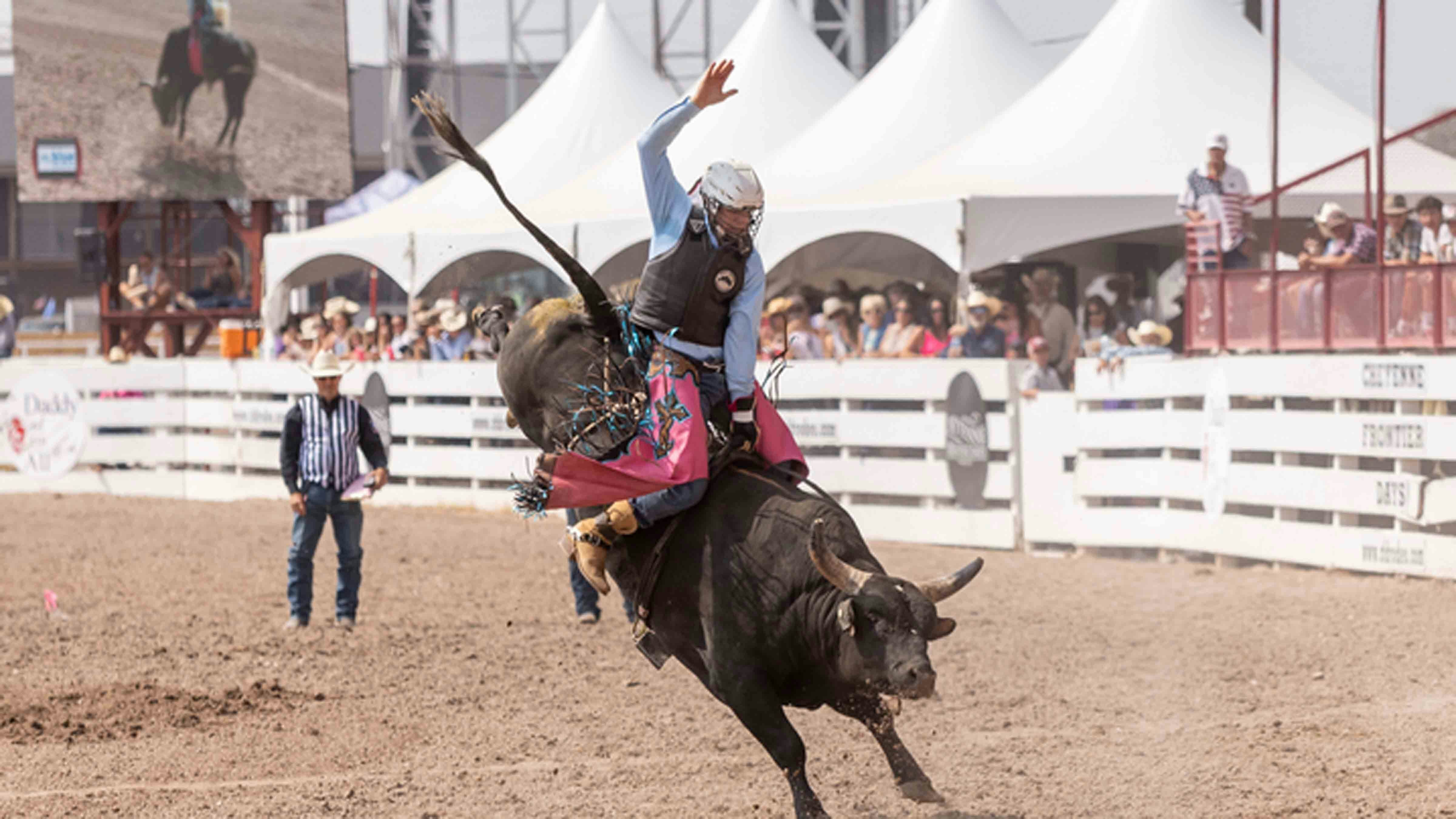 Jace Trosclair from Chavin, La. rides his bull for a score of 85.5 points to place second at Cheyenne Frontier Days on July 24, 2024