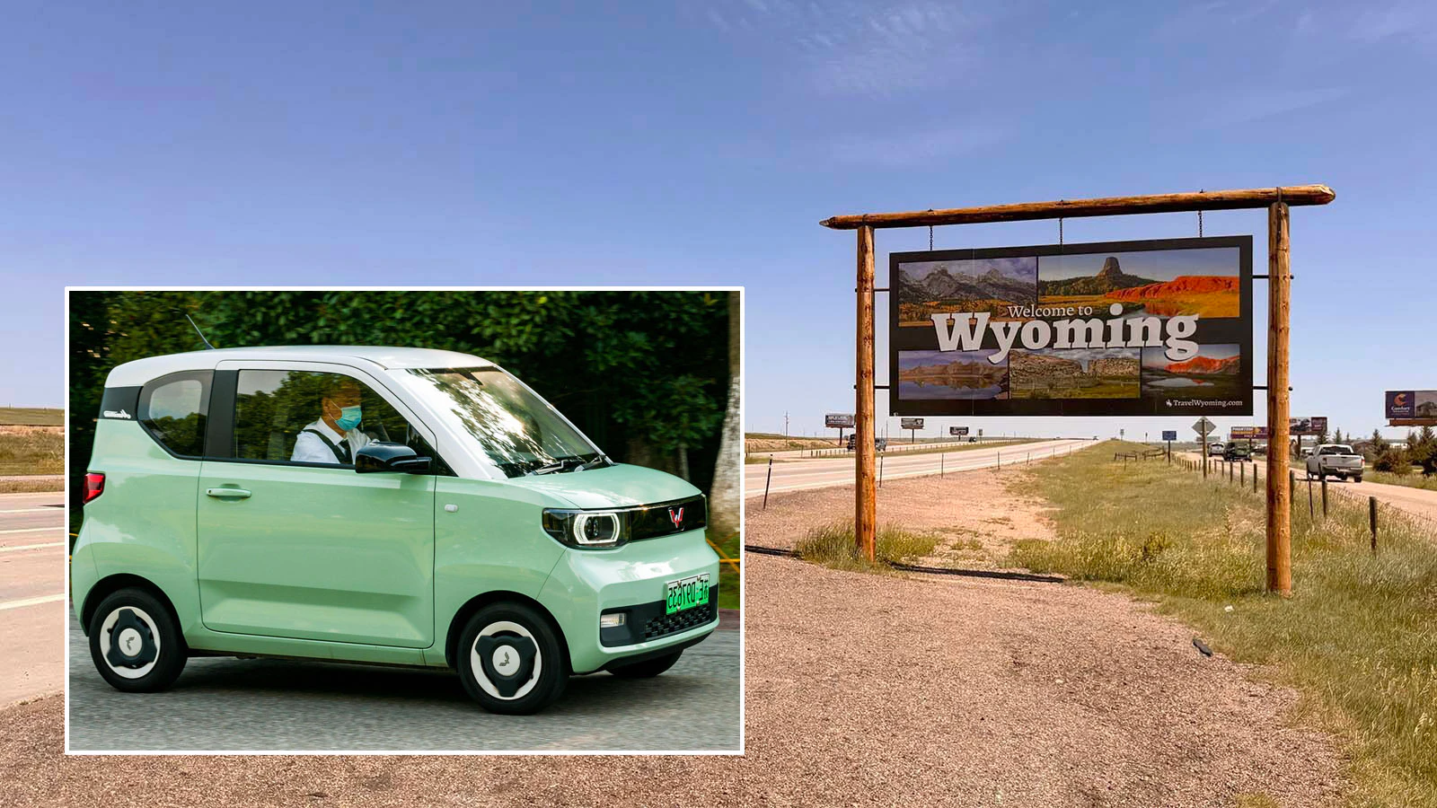Inset: Wuling Hongguang Mini EV Macaron taken in Suzhou, China. China’s best-selling EV. Main photo: Welcome to Wyoming sign on Wyoming - Colorado border.