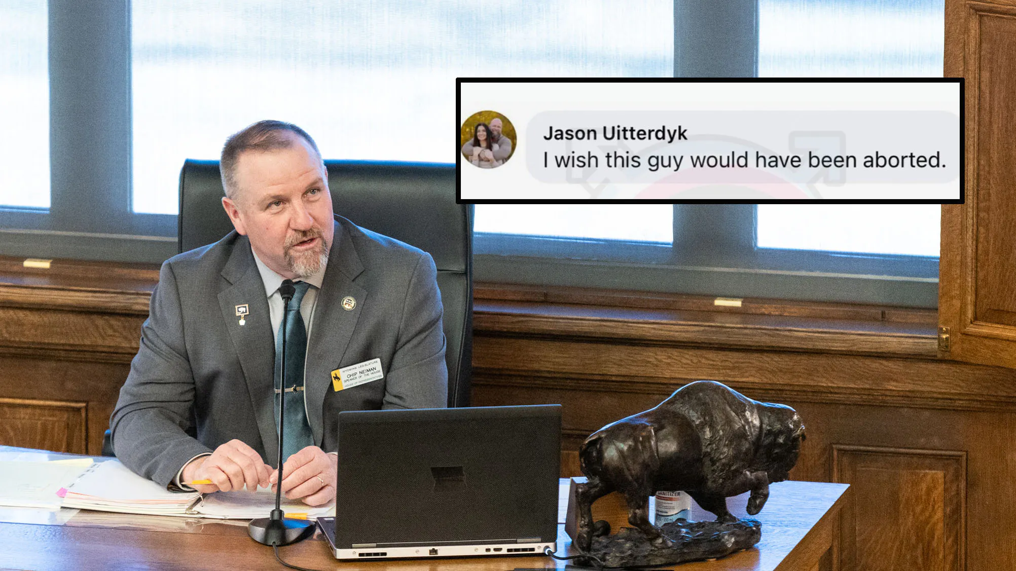 A Laramie High School counselor is under fire for saying he wished House Speaker Chip Neiman had been aborted