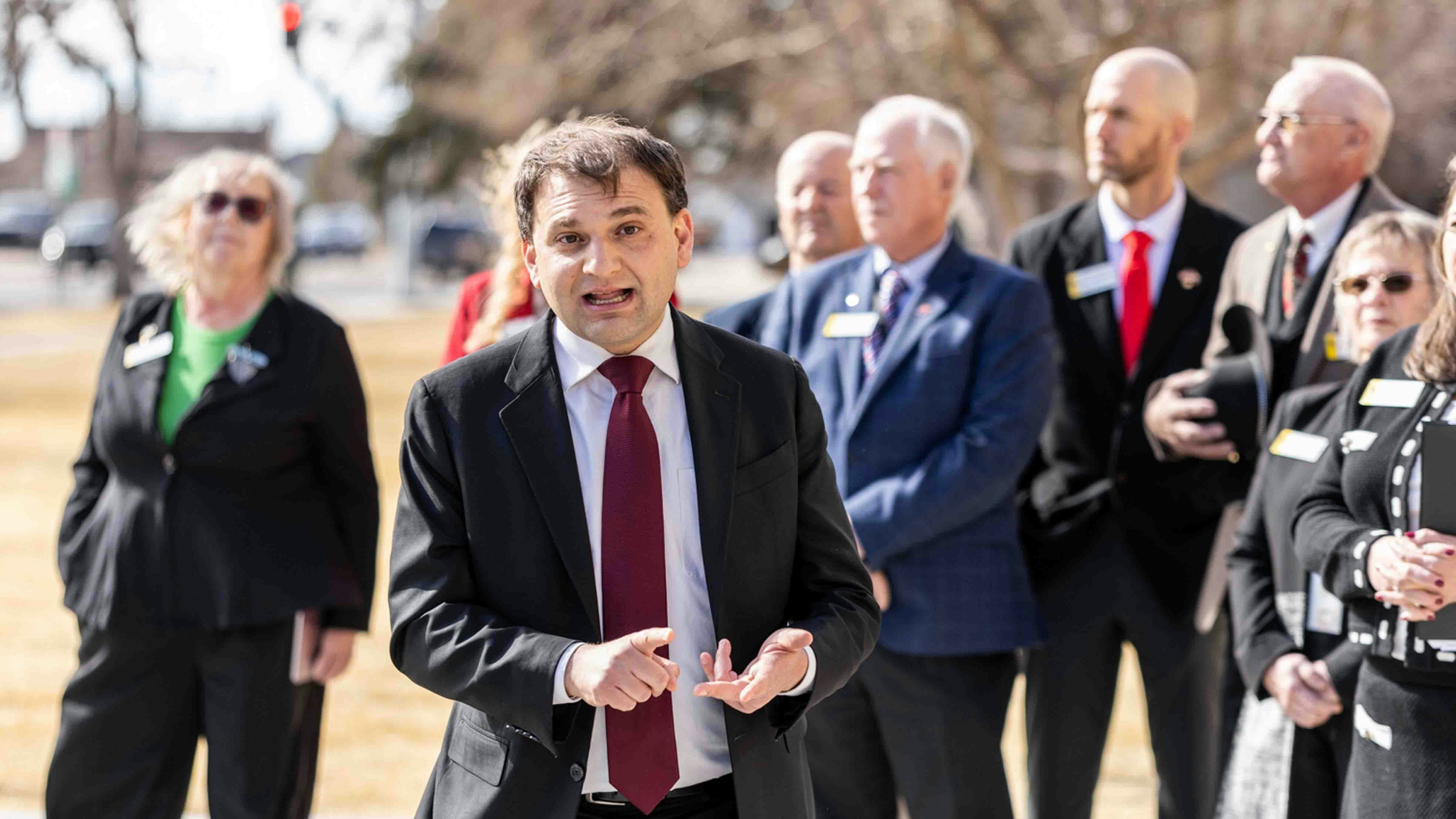 Secretary of State Chuck Gray speaks at The Freedom Caucus press conference on February 9