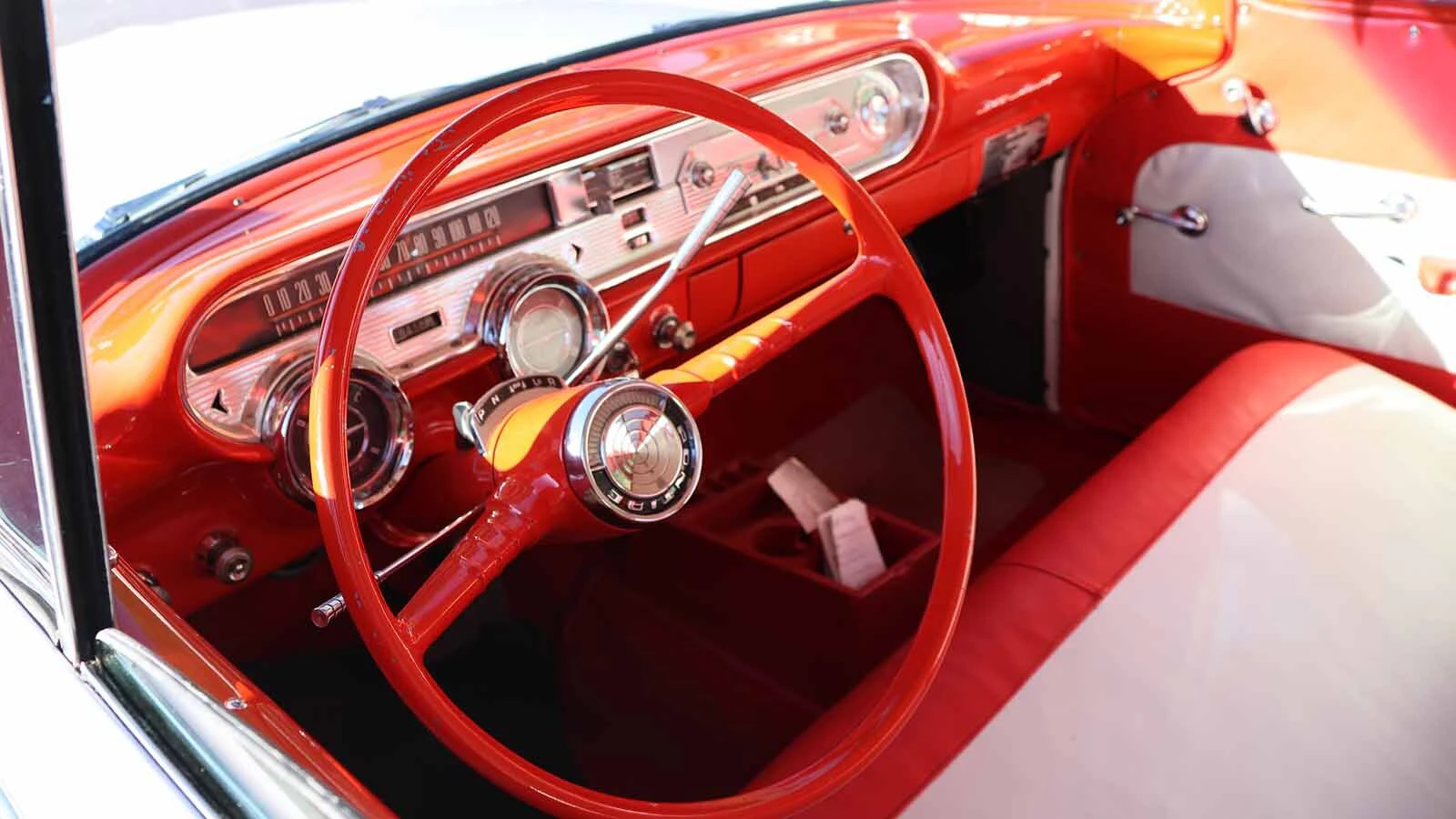 The interior of Frank Jones’ restored Pontiac ambulance is blood red and white. 