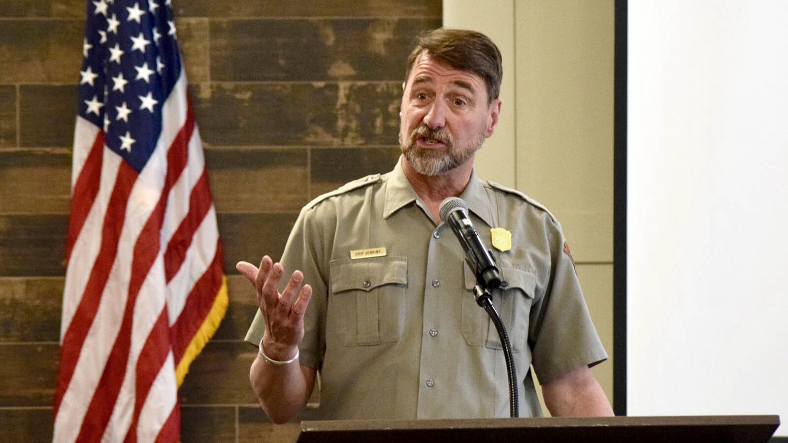 Grand Teton National Park Superintendent Chip Jenkins speaks Monday in Cody, Wyoming at a luncheon hosted by local tourism industry leaders.