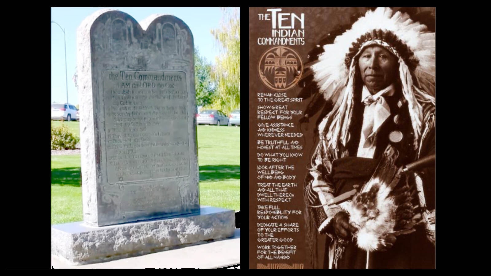 The Ten Commandments on the grounds of the Montana Capitol, left, and the Indian Ten Commandments.