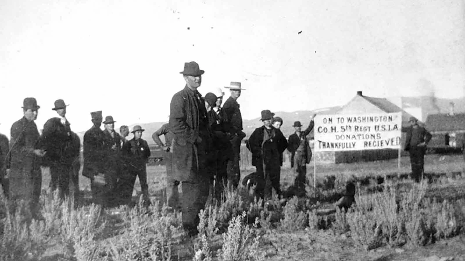 "Colonel" Shorty (in flat-crowned hat) and his men are shown before their 1894 arrest in Green River. Part of Coxey's Army, most were taken back to Idaho, where they were charged with stealing a train and trying to take it to Washington, D.C.