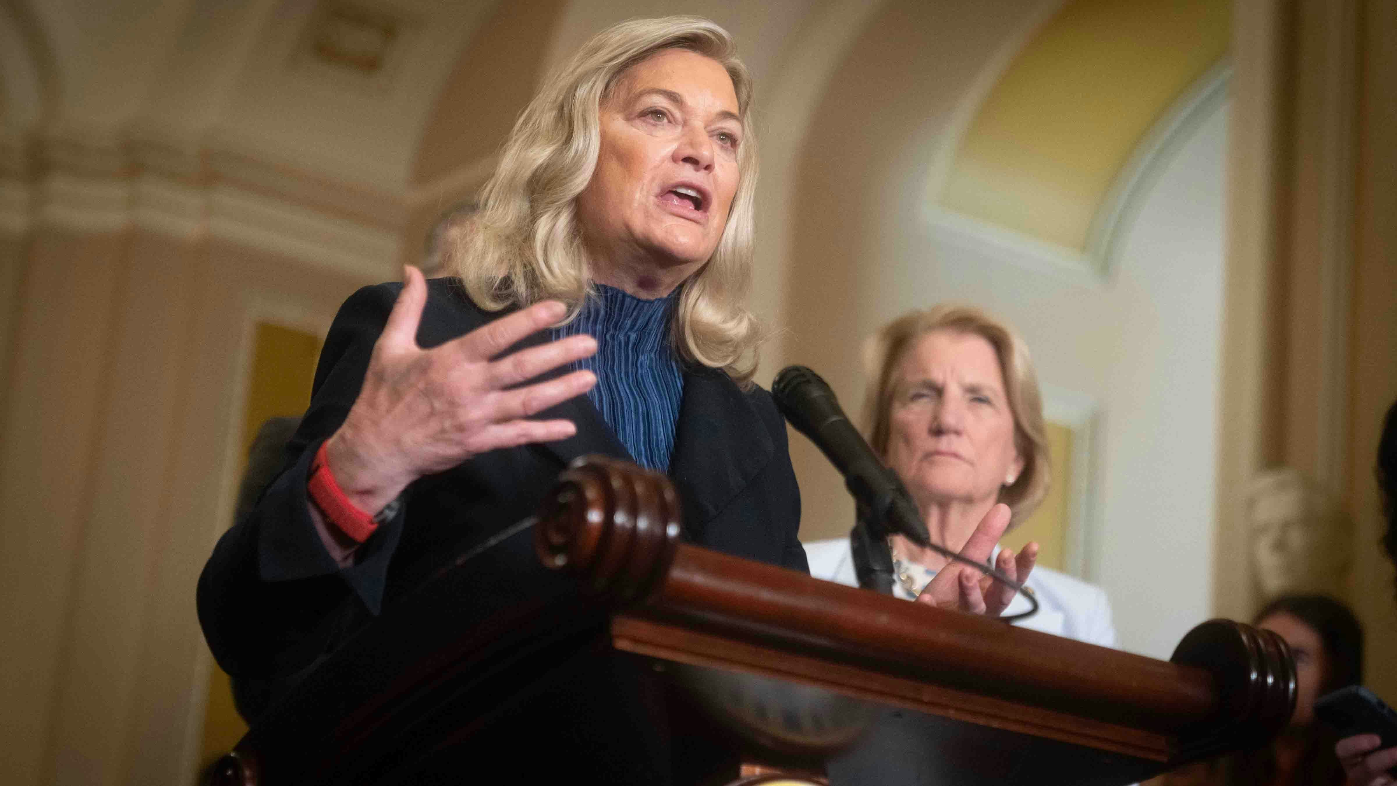U.S. Sen. Cynthia Lummis gives her weekly briefing with the Republican Senate Leadership at the Ohio Clock Corridor outside of the Senate Chamber, May 20, 2025
