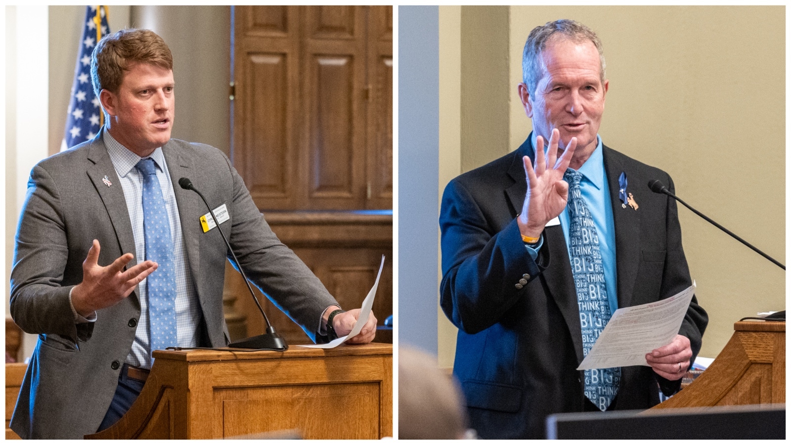 State Reps. Cyrus Western, R-Big Horn, left, and Steve Harshman, R-Casper, spoke passionately about House Bill 203 on Friday.
