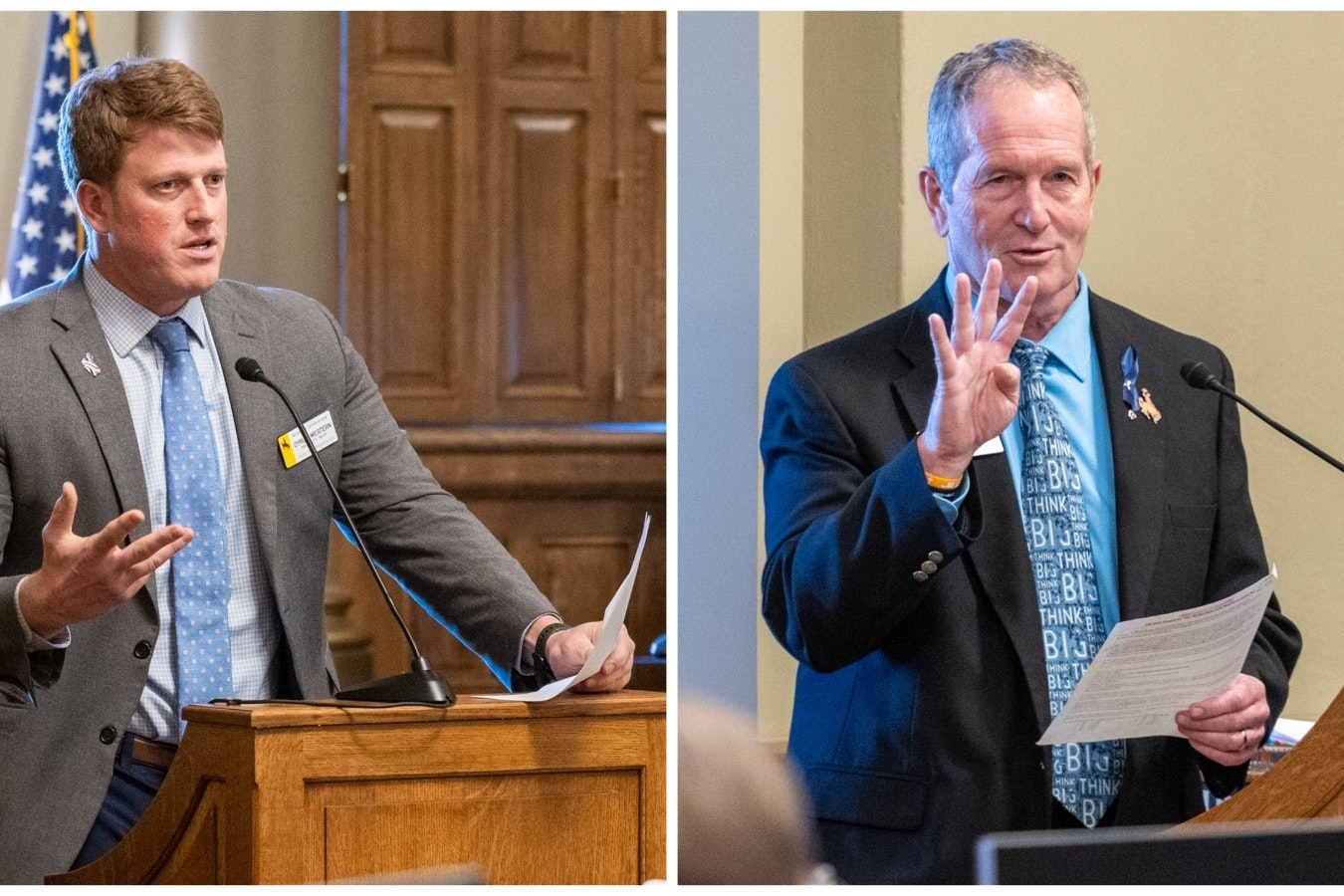 State Reps. Cyrus Western, R-Big Horn, left, and Steve Harshman, R-Casper, spoke passionately about House Bill 203 on Friday.