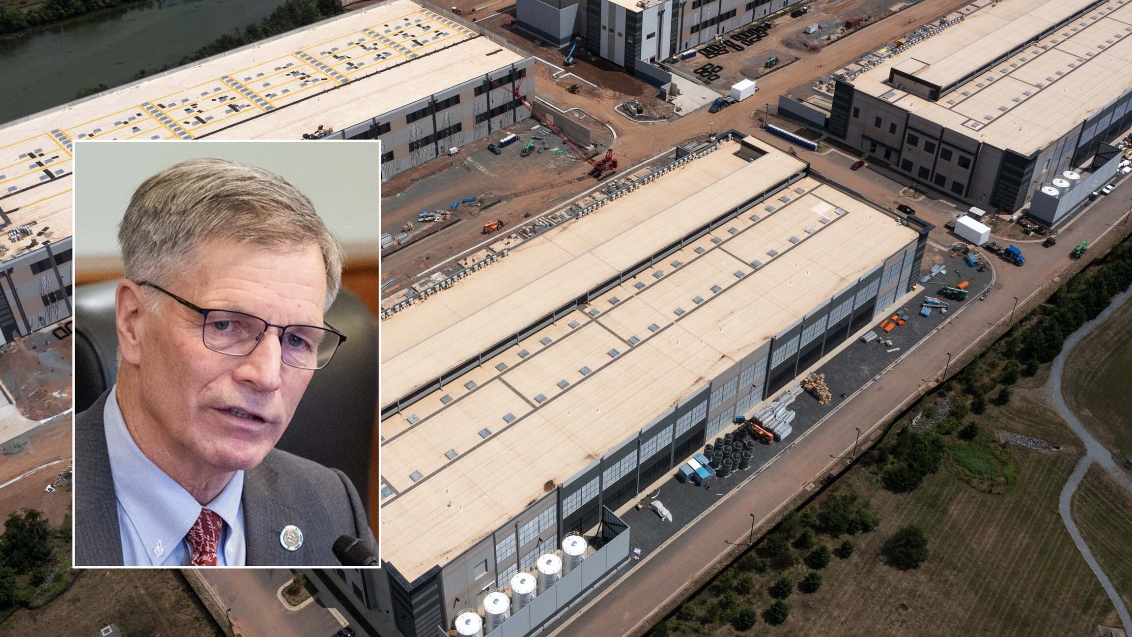 In an aerial view, an Amazon Web Services data center is shown. Getty Images. Inset: Gov Mark Gordon, Matt Idler