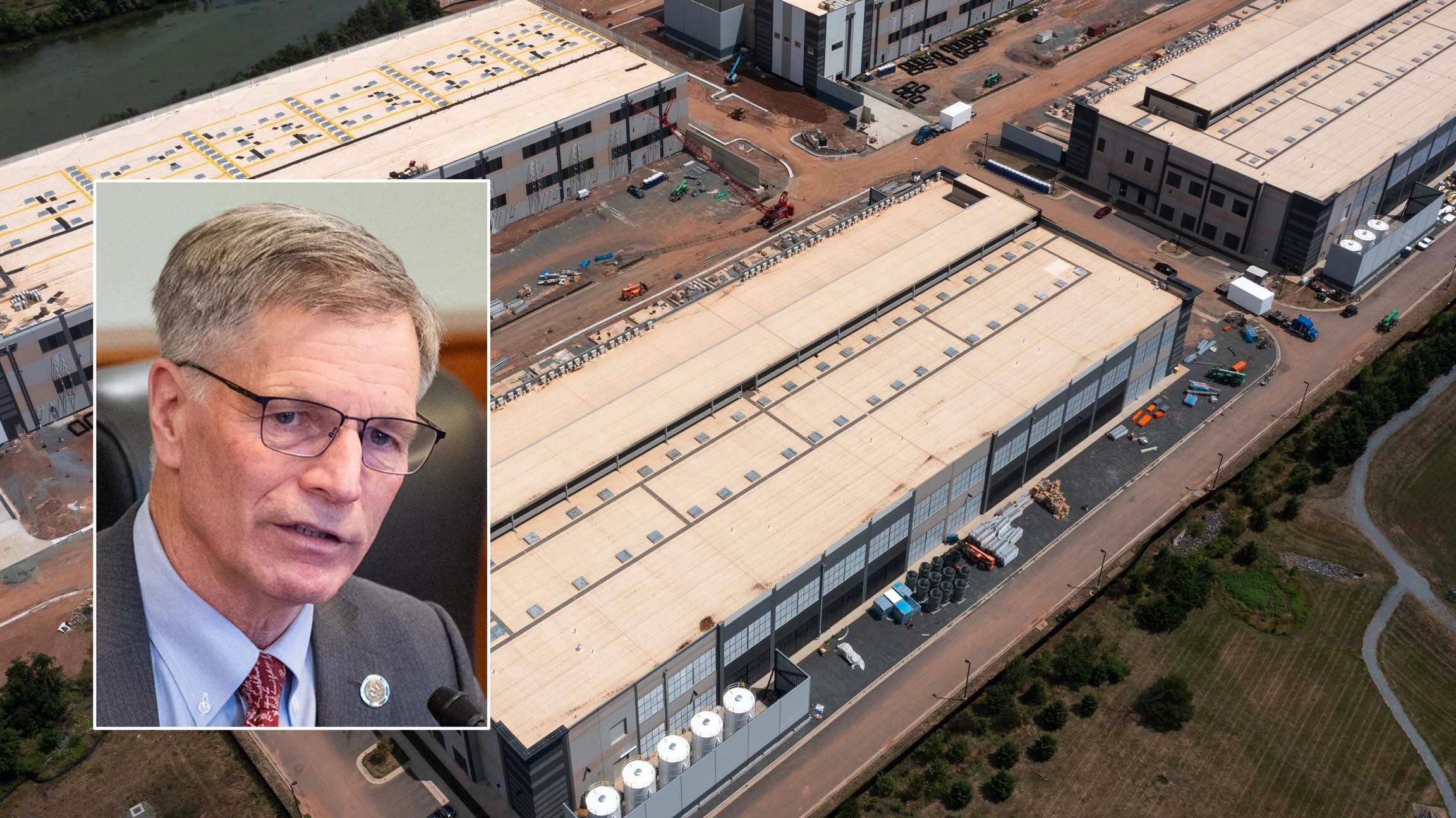 In an aerial view, an Amazon Web Services data center is shown. Getty Images. Inset: Gov Mark Gordon, Matt Idler