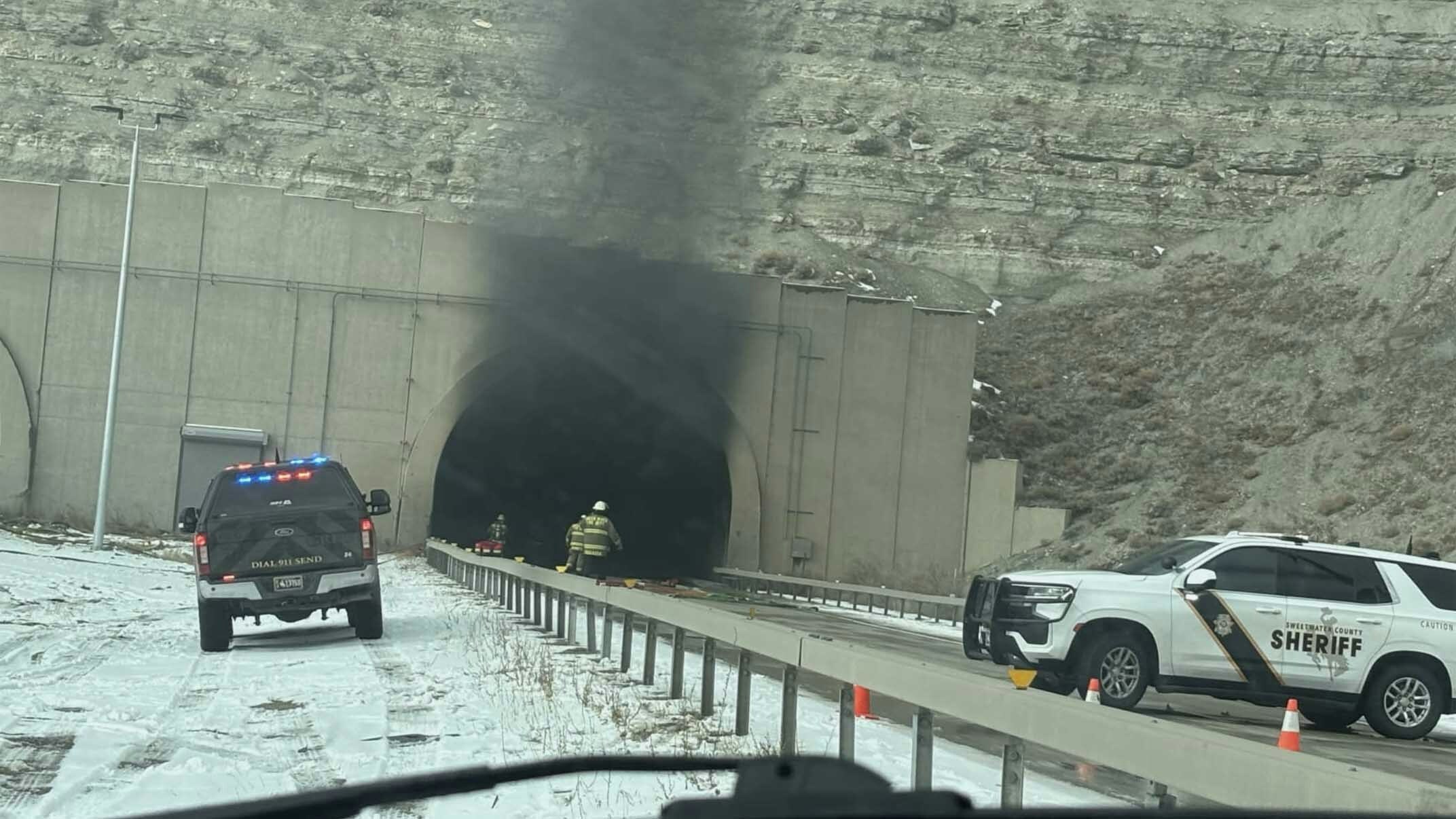 Smoke pouring out of tunnels near Green River, Wyoming, on Friday, February 14, 2025