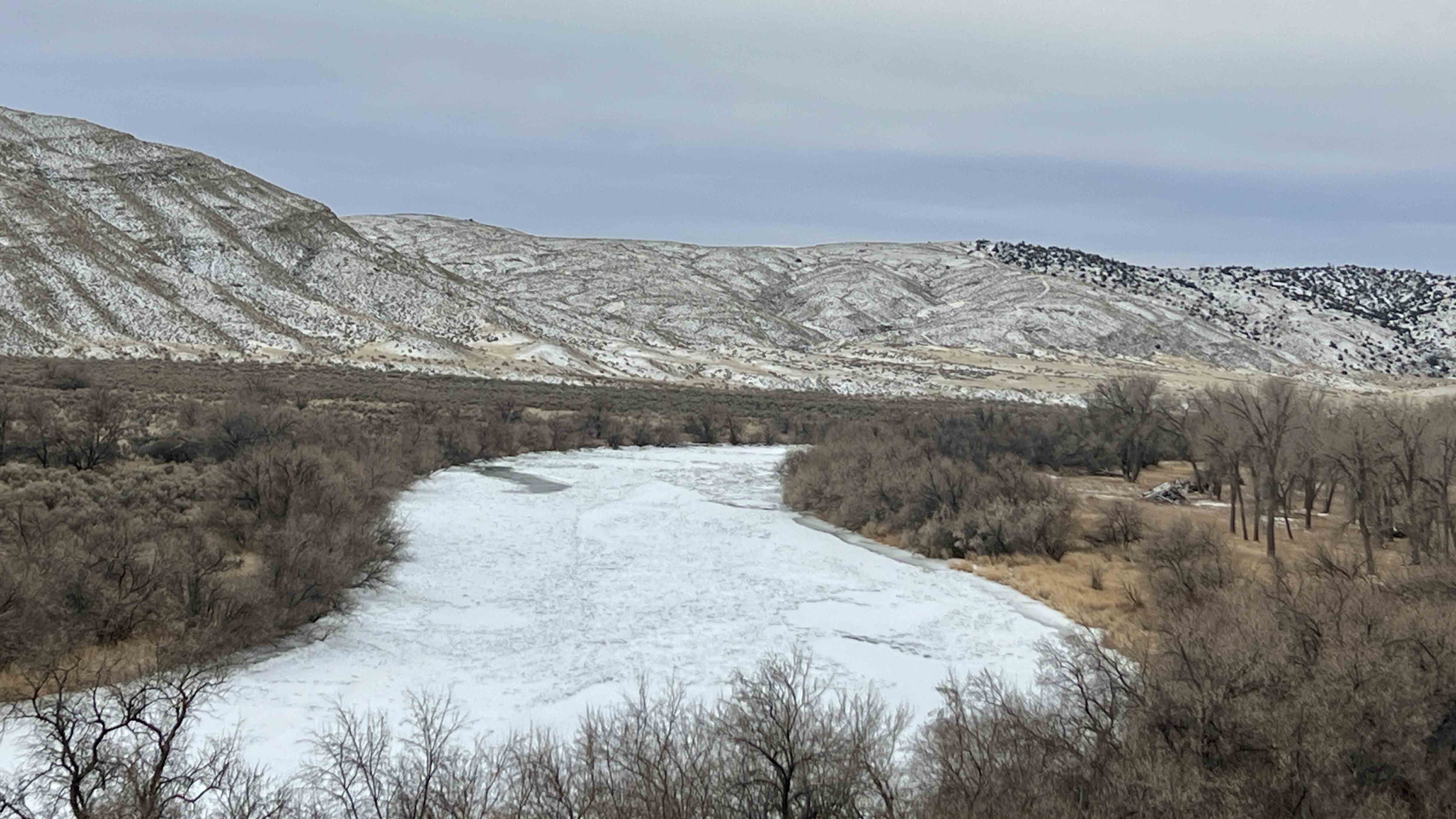 Big Horn River is frozen near Winchester in Washakie County