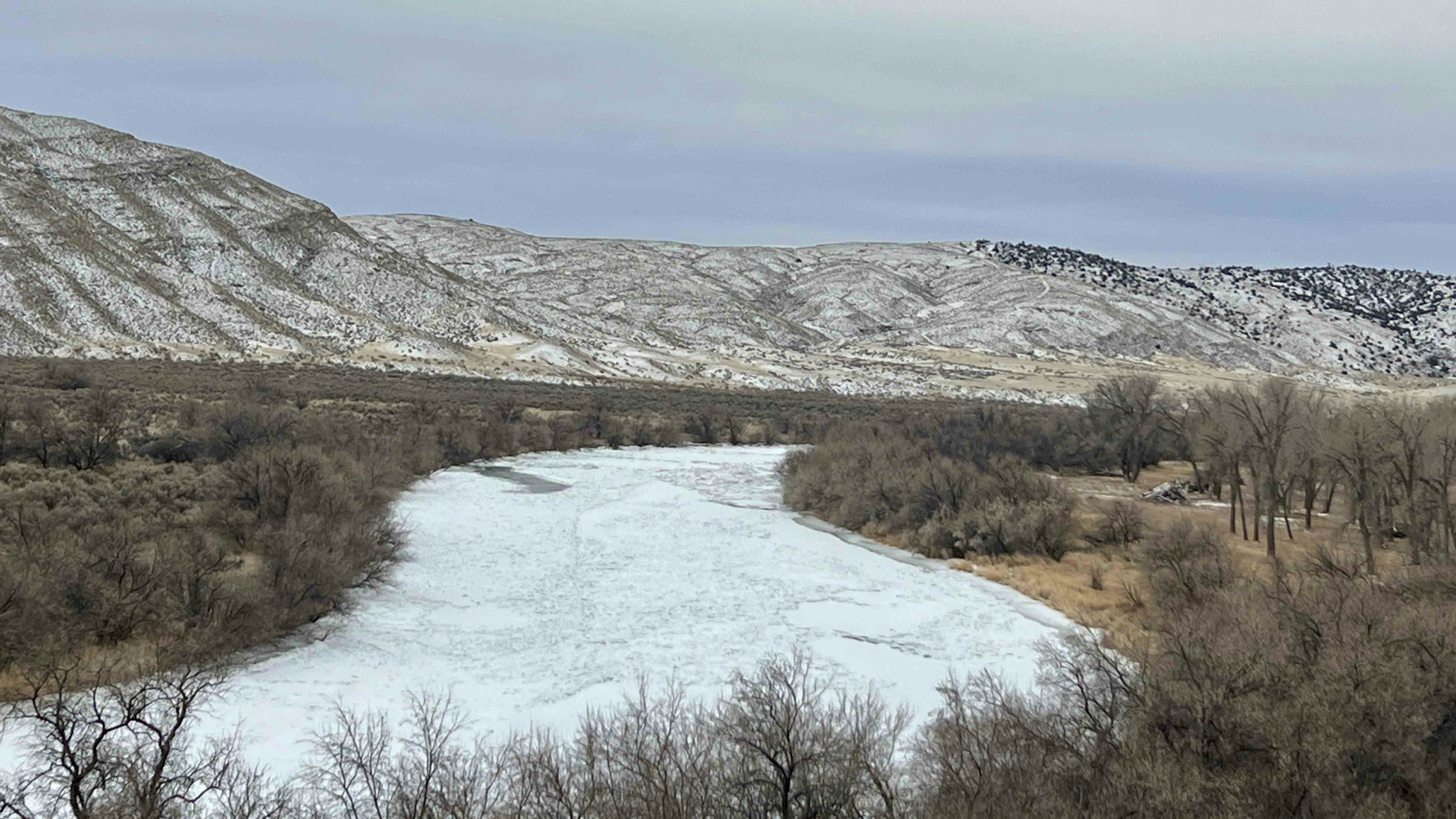 Big Horn River is frozen near Winchester in Washakie County