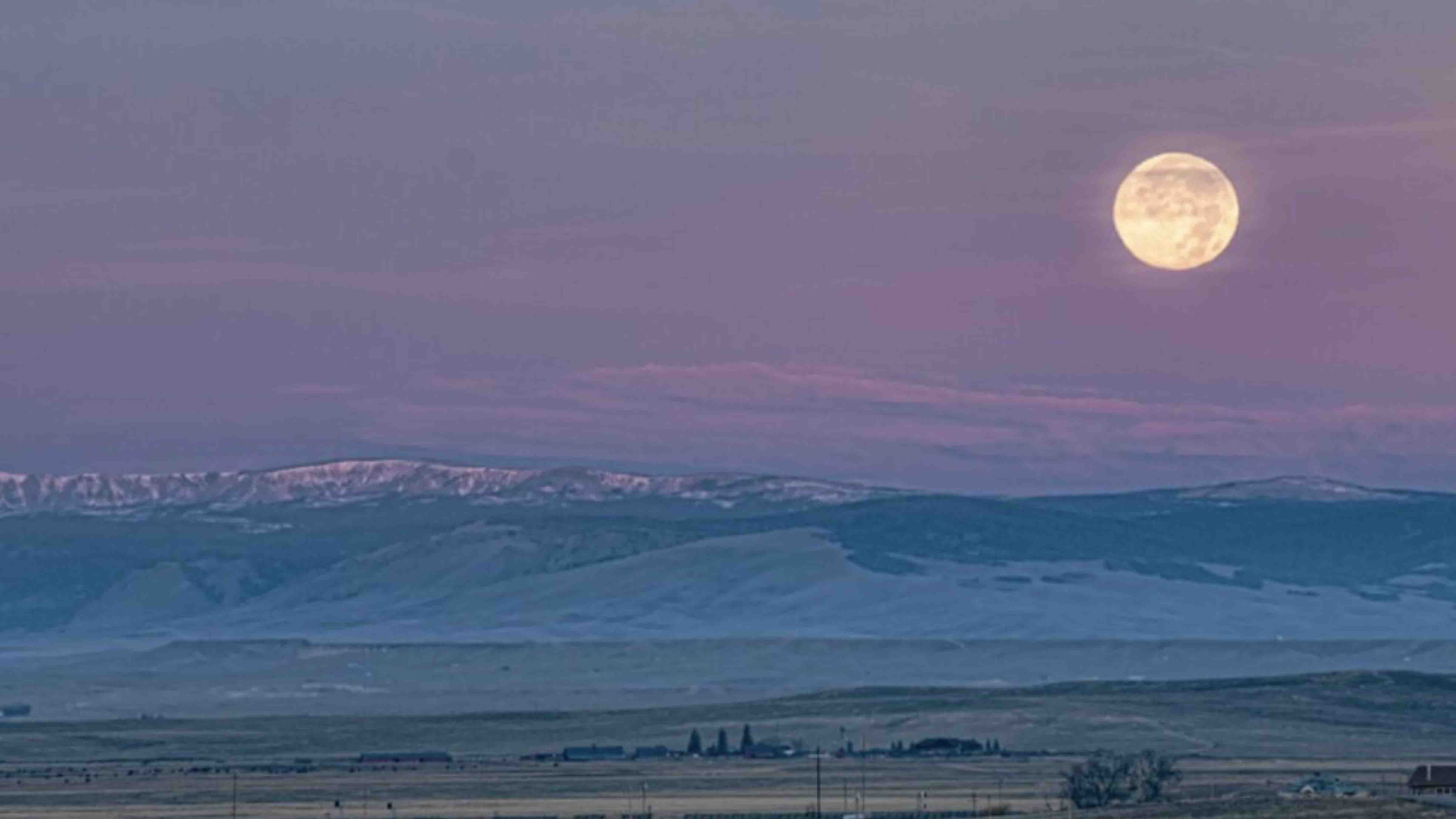 A real sight as the full beaver moon sets over the Snowy Range through the pink band of Venus.