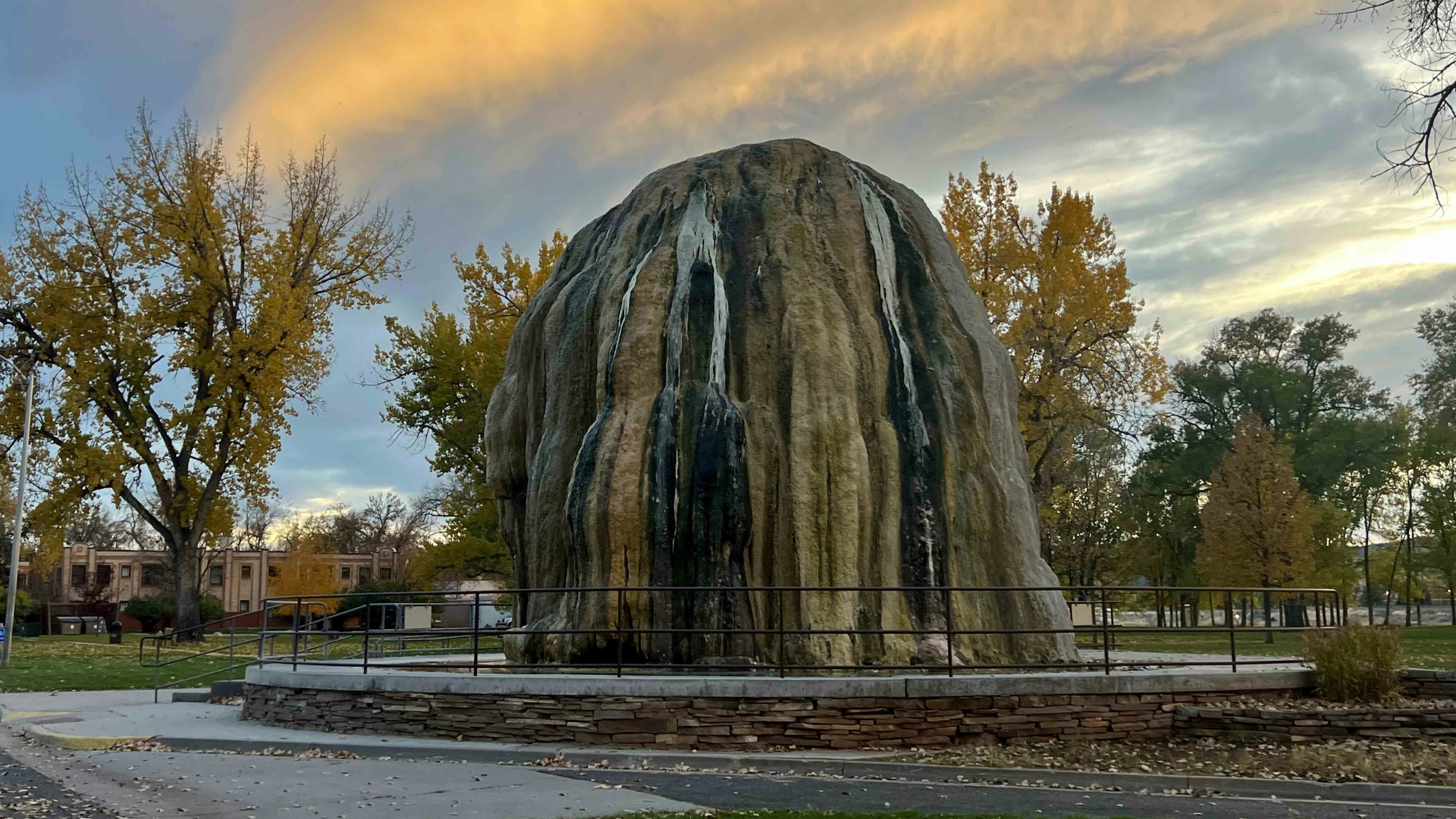 Sunset over Teepee Fountain in Hot Springs State Park.