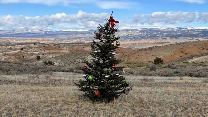 Christmas tree west of Ten Sleep, Wyoming with lights powered by solar