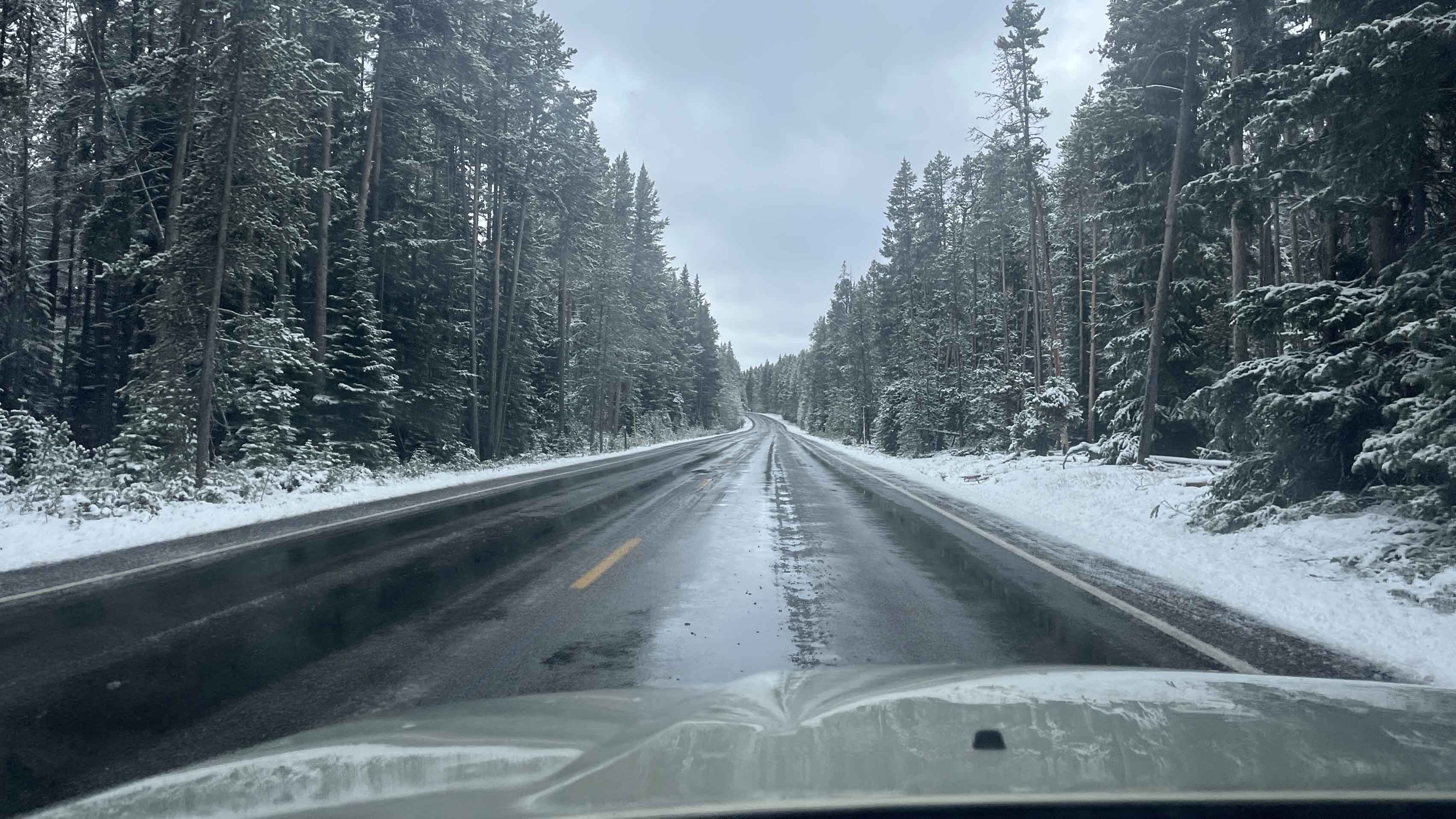 "Snowy drive through Yellowstone to get south to the Tetons, Oct 11 - 12, 2025."