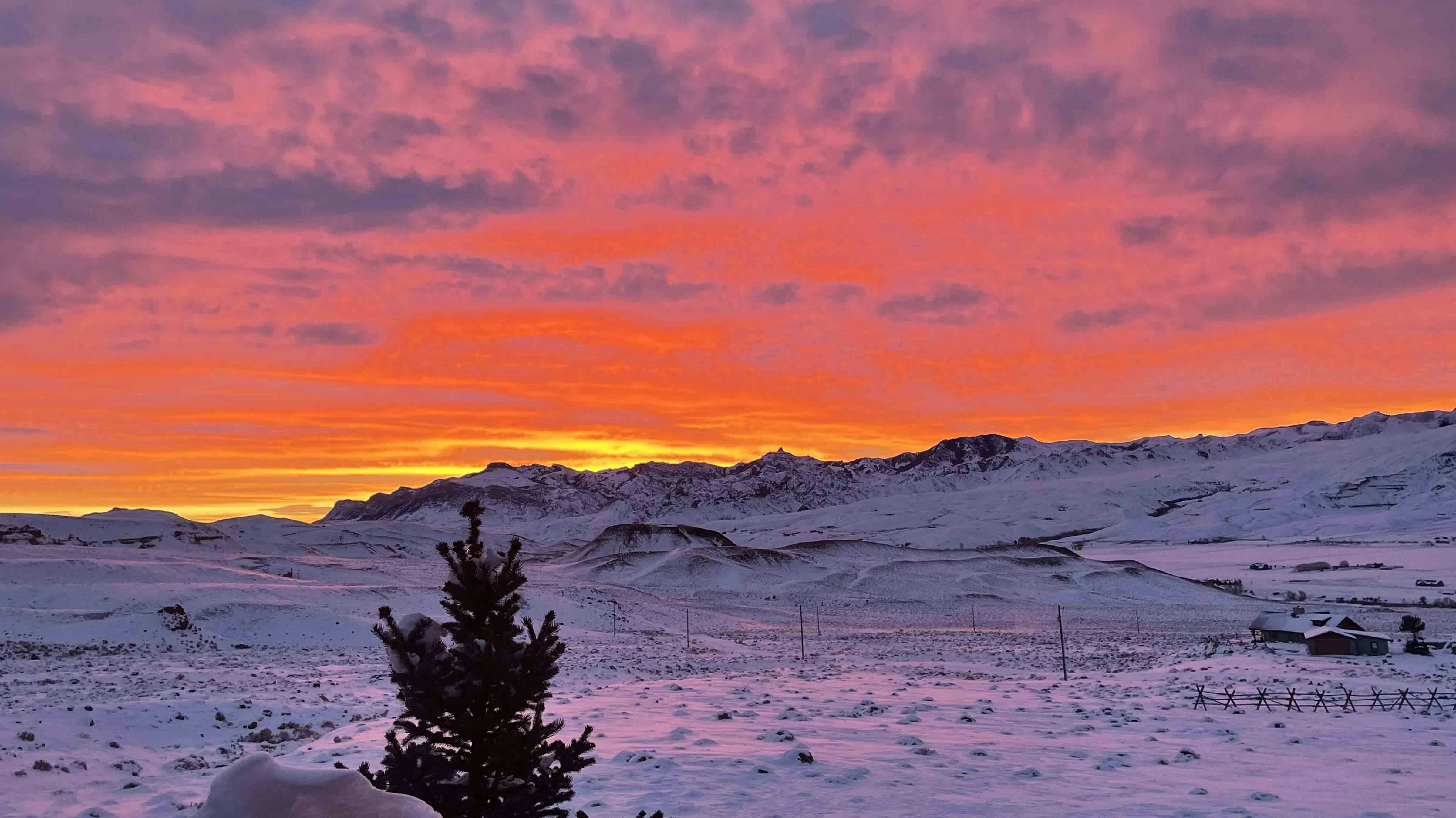 "Woke up to a warm pink glow from this beautiful sunrise in Wapiti, Wyoming."