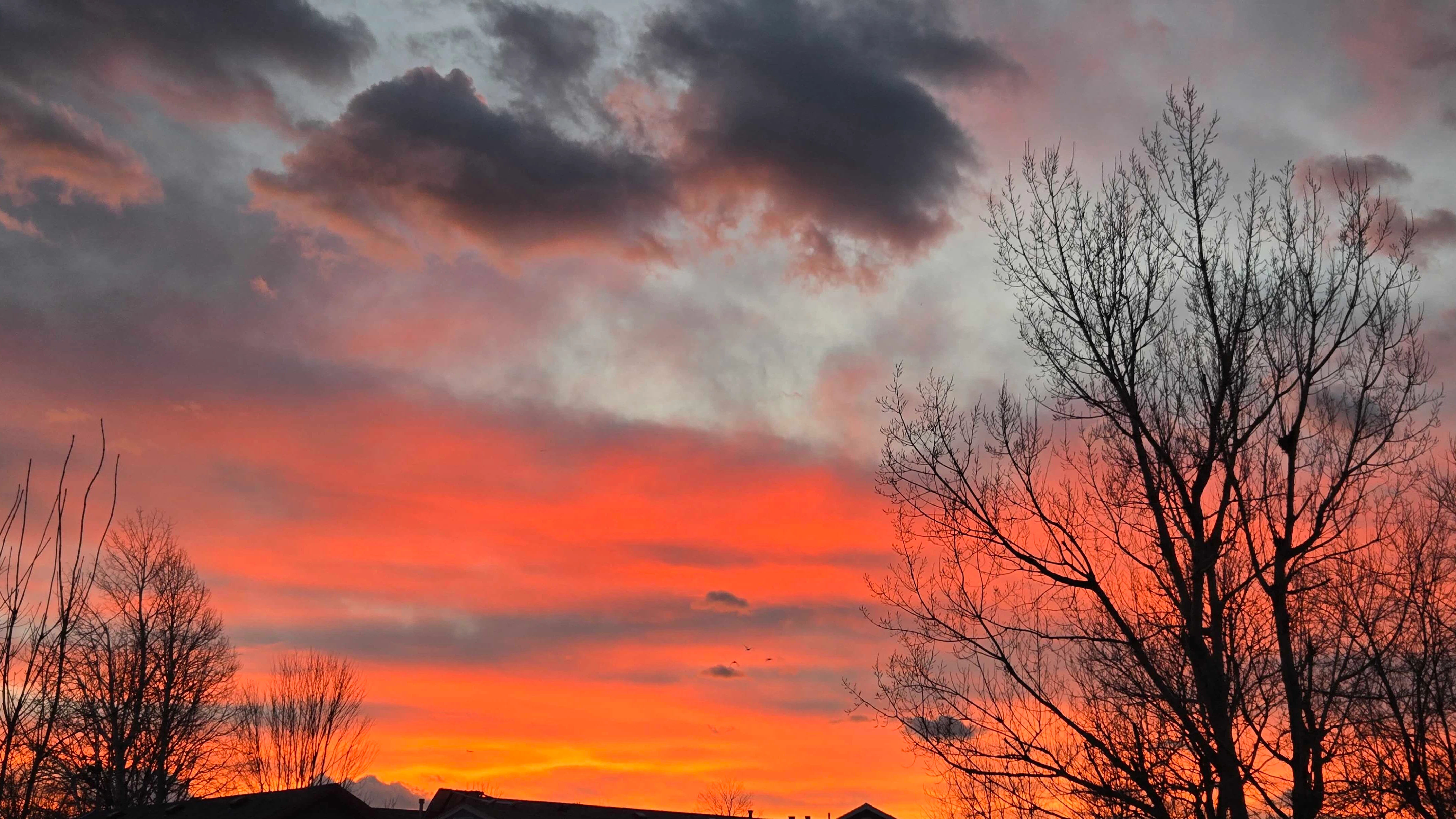 "Sunset over Sheridan. Three ducks flying in the distance."