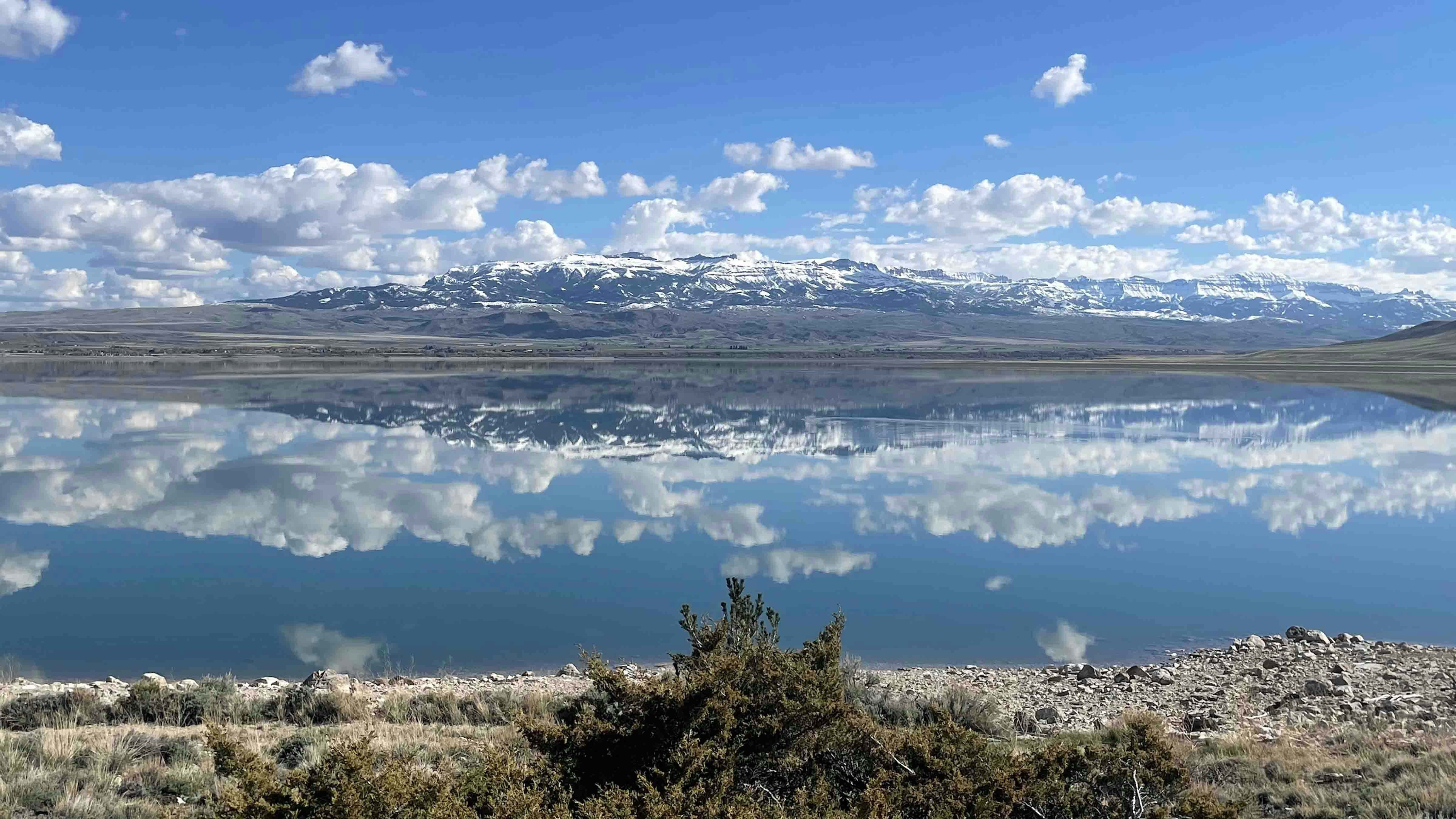 "Buffalo Bill Reservoir. A beautiful reflection in a rare moment of no wind in Wapiti."