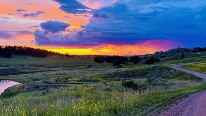 Sunset at Sweetgrass Ranch outside the unincorporated town of Weston, Wyoming.