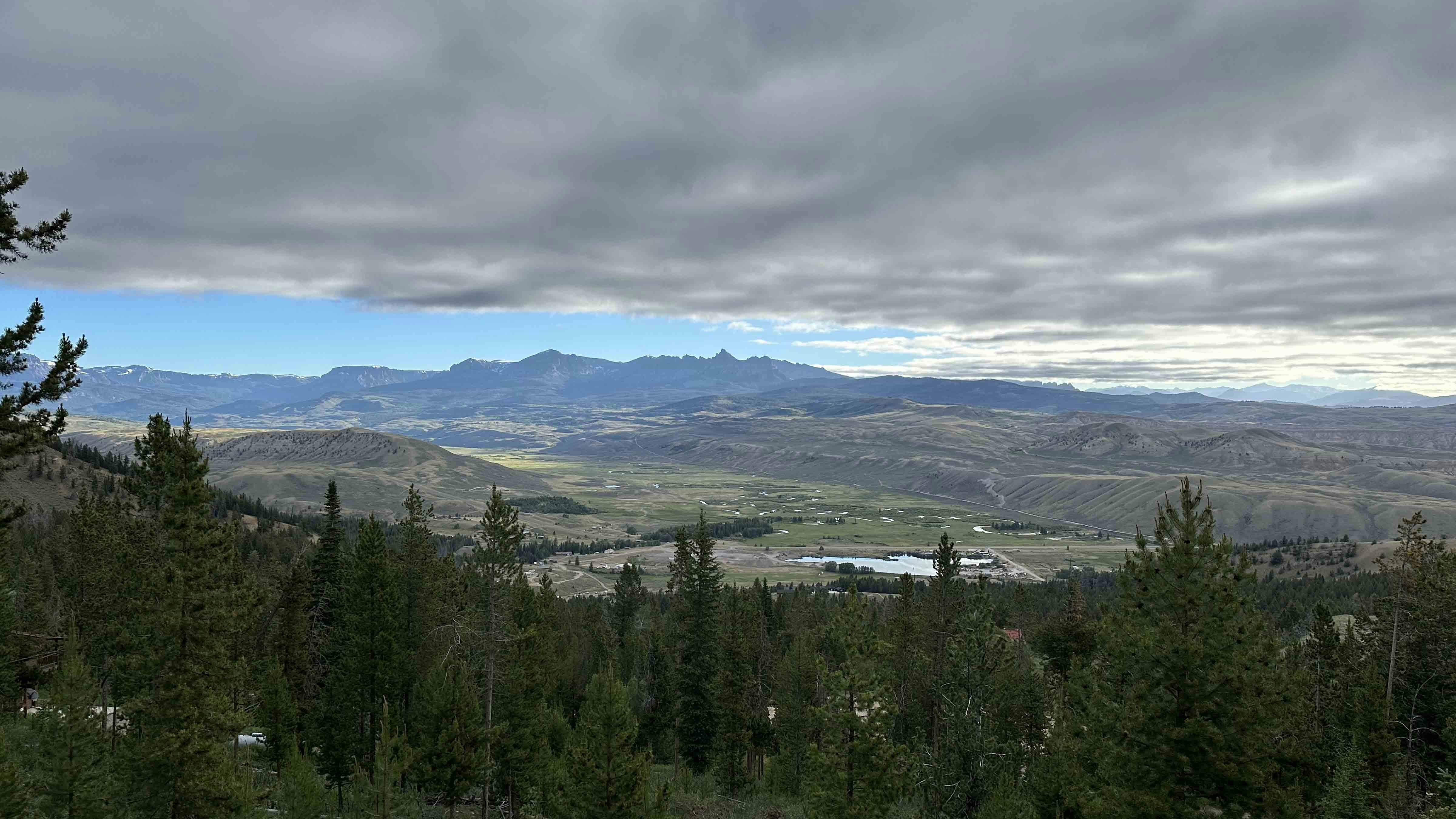 "Taken from our cabin deck outside of Dubois, looking over the Wind River and the Ramshorn Peak."