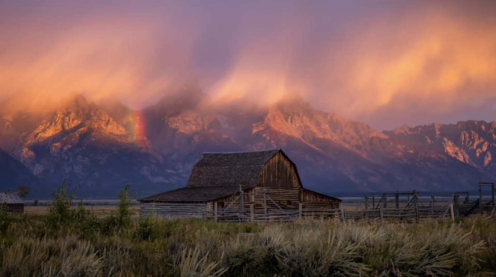 Storm and partial rainbow at John Moulton Barn in Teton County on Sept 7, 2023