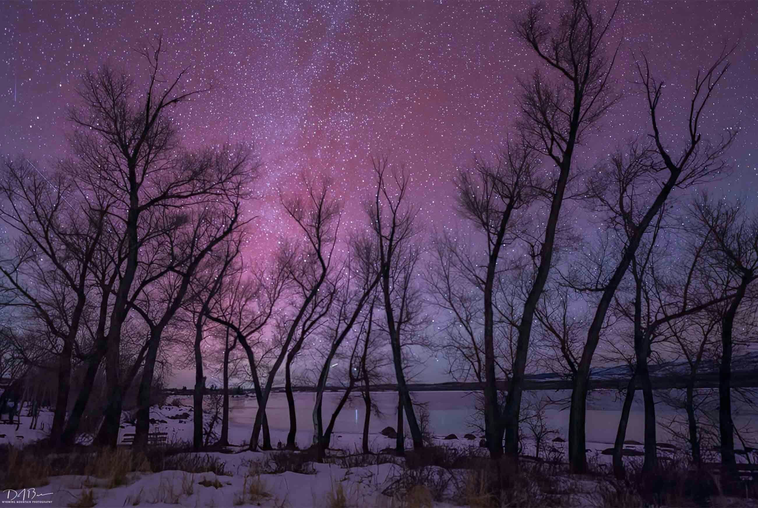 Willow Lake north of Pinedale where the snowy and winter scene was spectacular with the pink blob and the Milky Way.