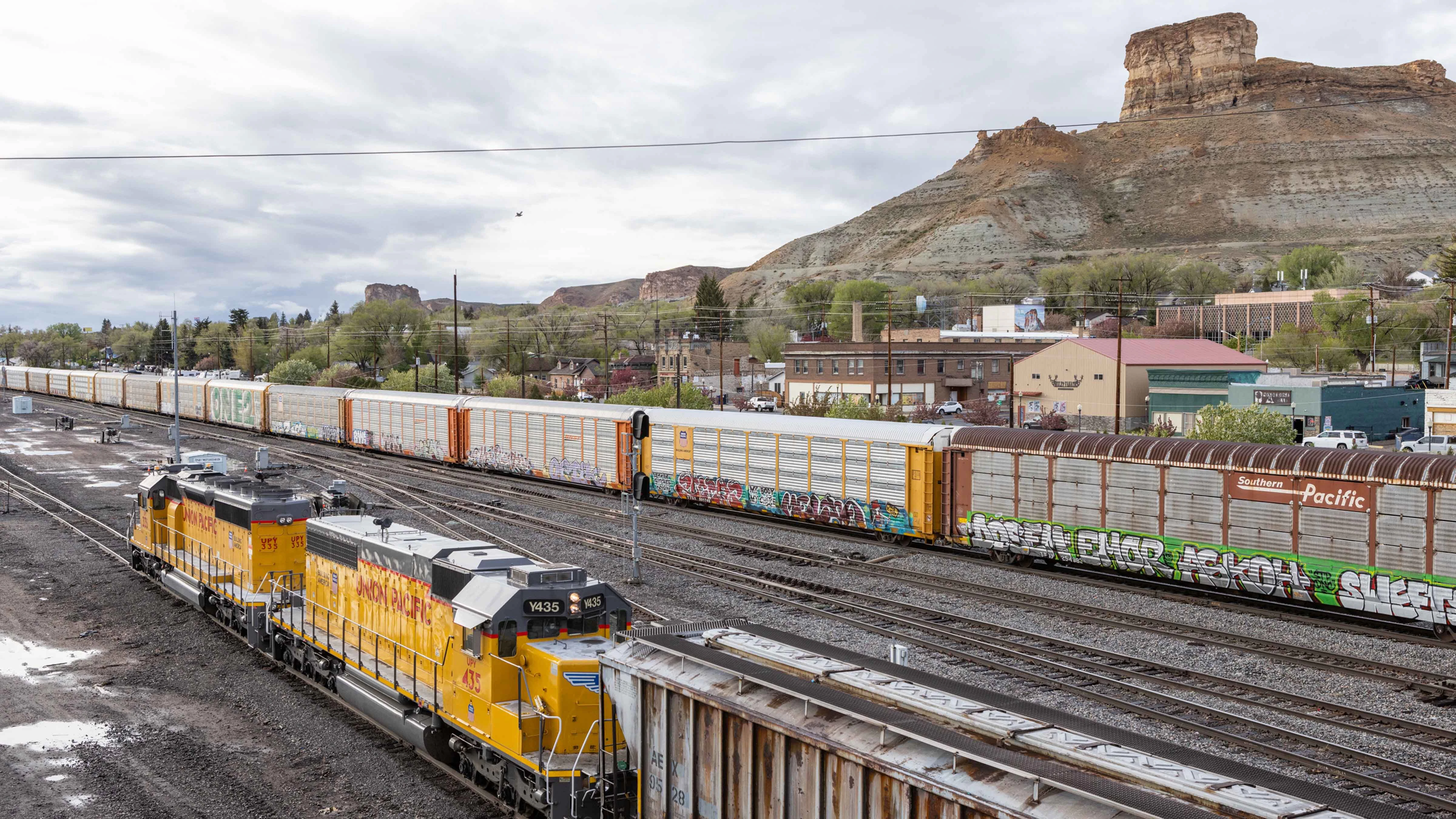 "Castle Rock from the rail yard in Green River, Wyoming. The lead locomotive is Union Pacific 435."