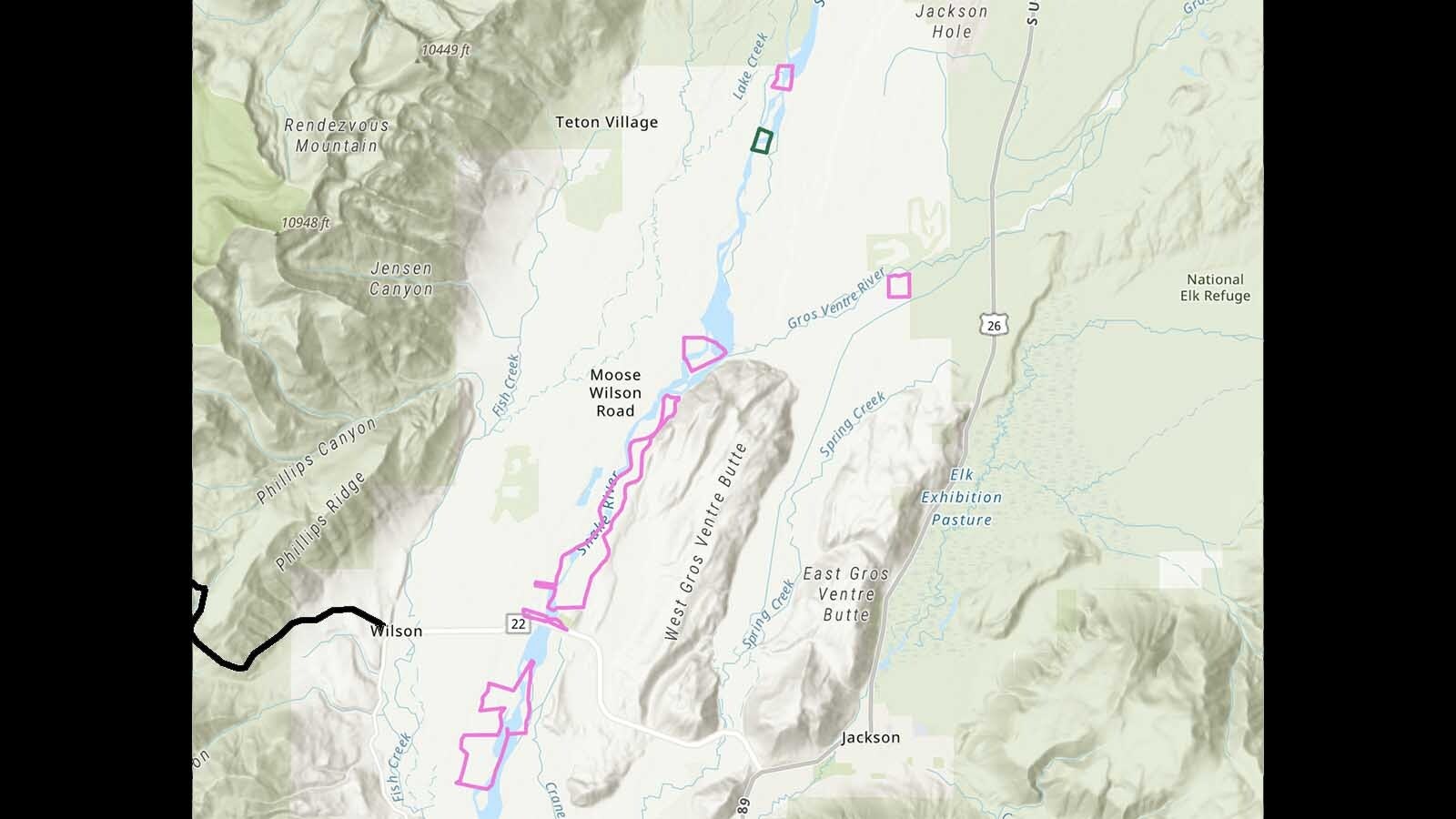 This map produced by the Bureau of Land Management shows just a few of the many parcels of public land in Teton County that could go up for sale if Congress approves draft provisions currently under consideration by the U.S. Senate.