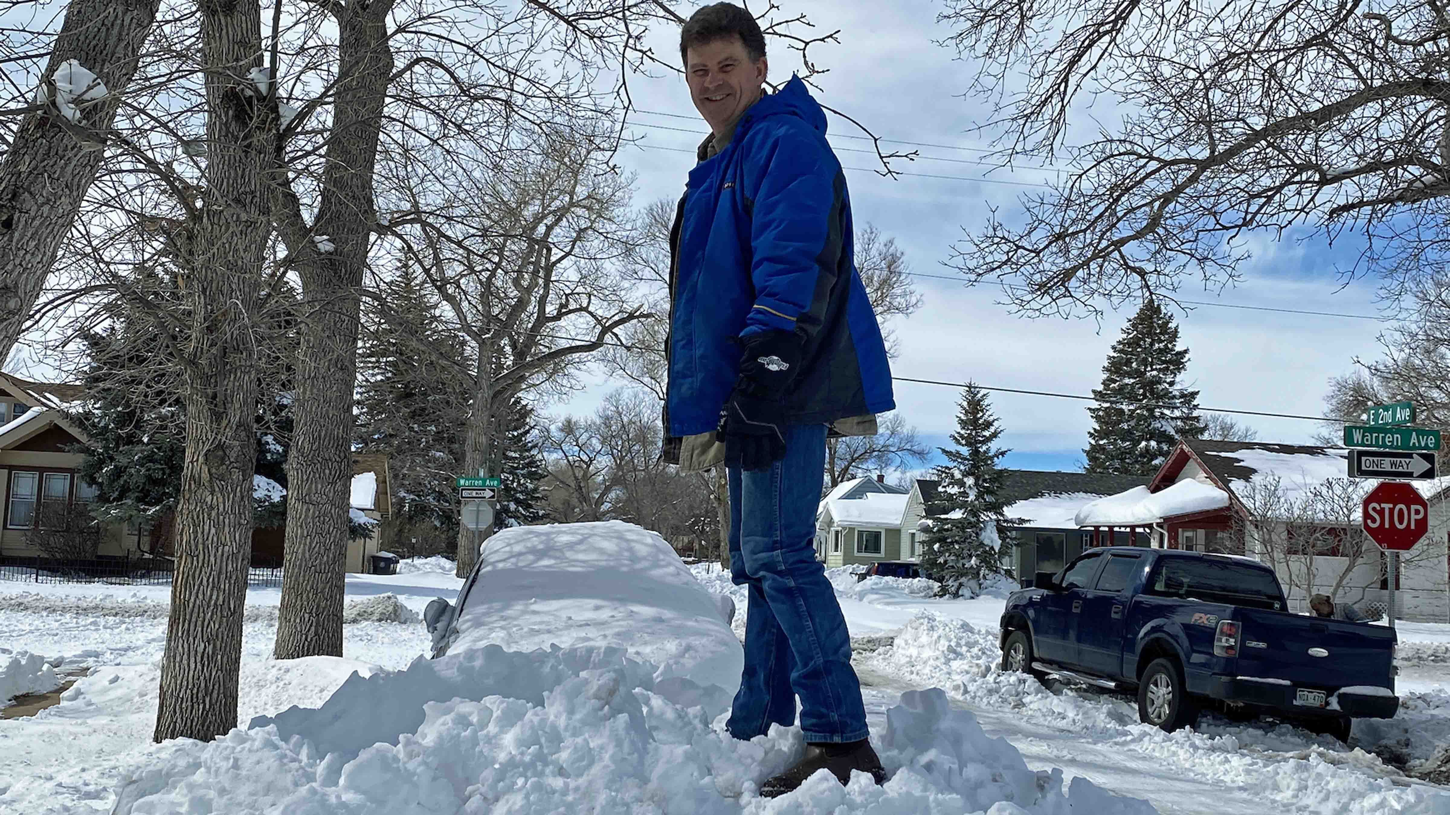 Meteorologist Don Day stands on a snowdrift from the massive winter storm that dropped 30+ inches overnight in Cheyenne back in March, 2021